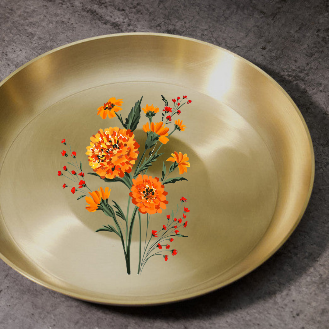 Pure 100% Lead Free Kansa Marigold Hand Painted Finish Plate 8 inch