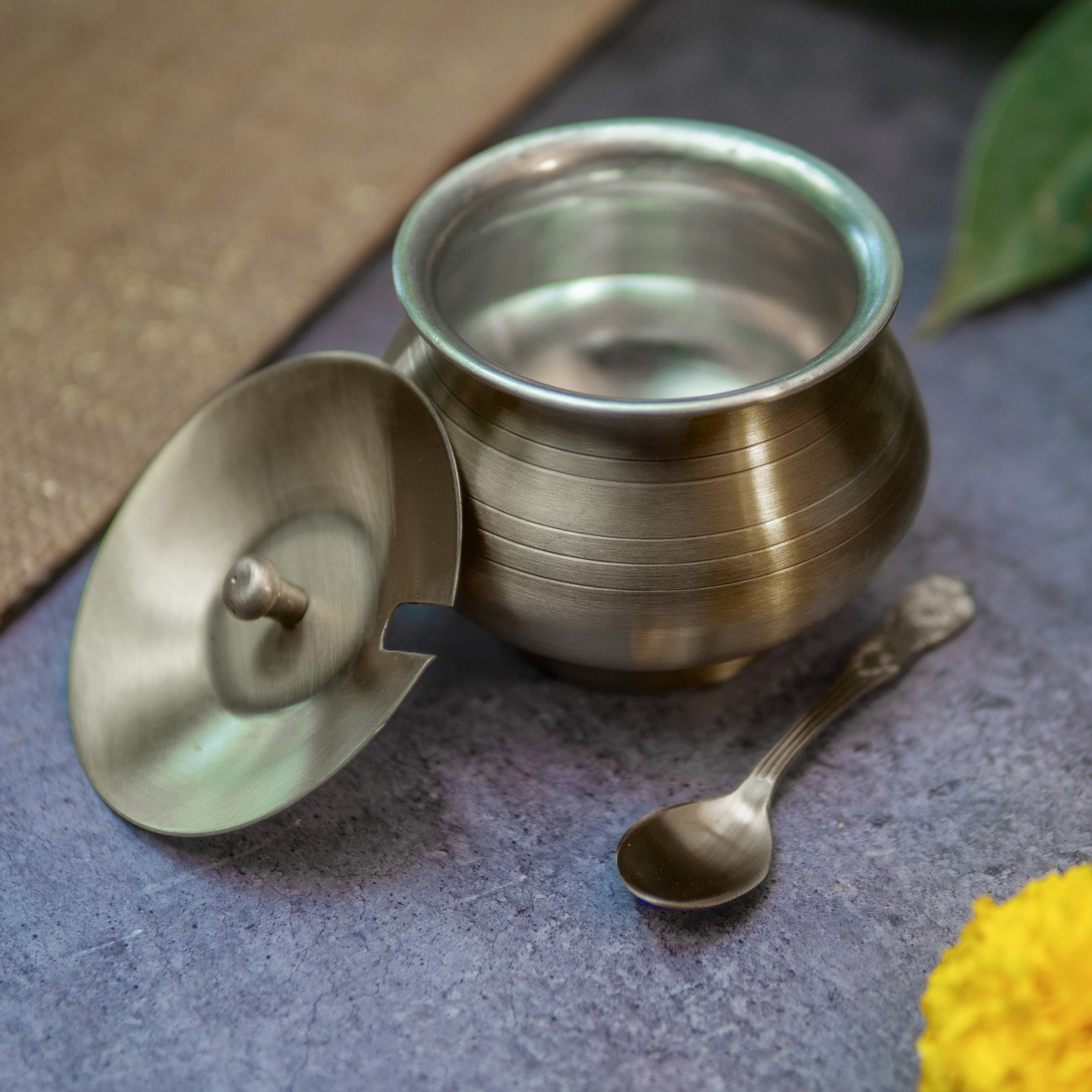 Pure Brass Ghee Pot (Matte) With Spoon - Vintage Finish Dark Brown 350 ml