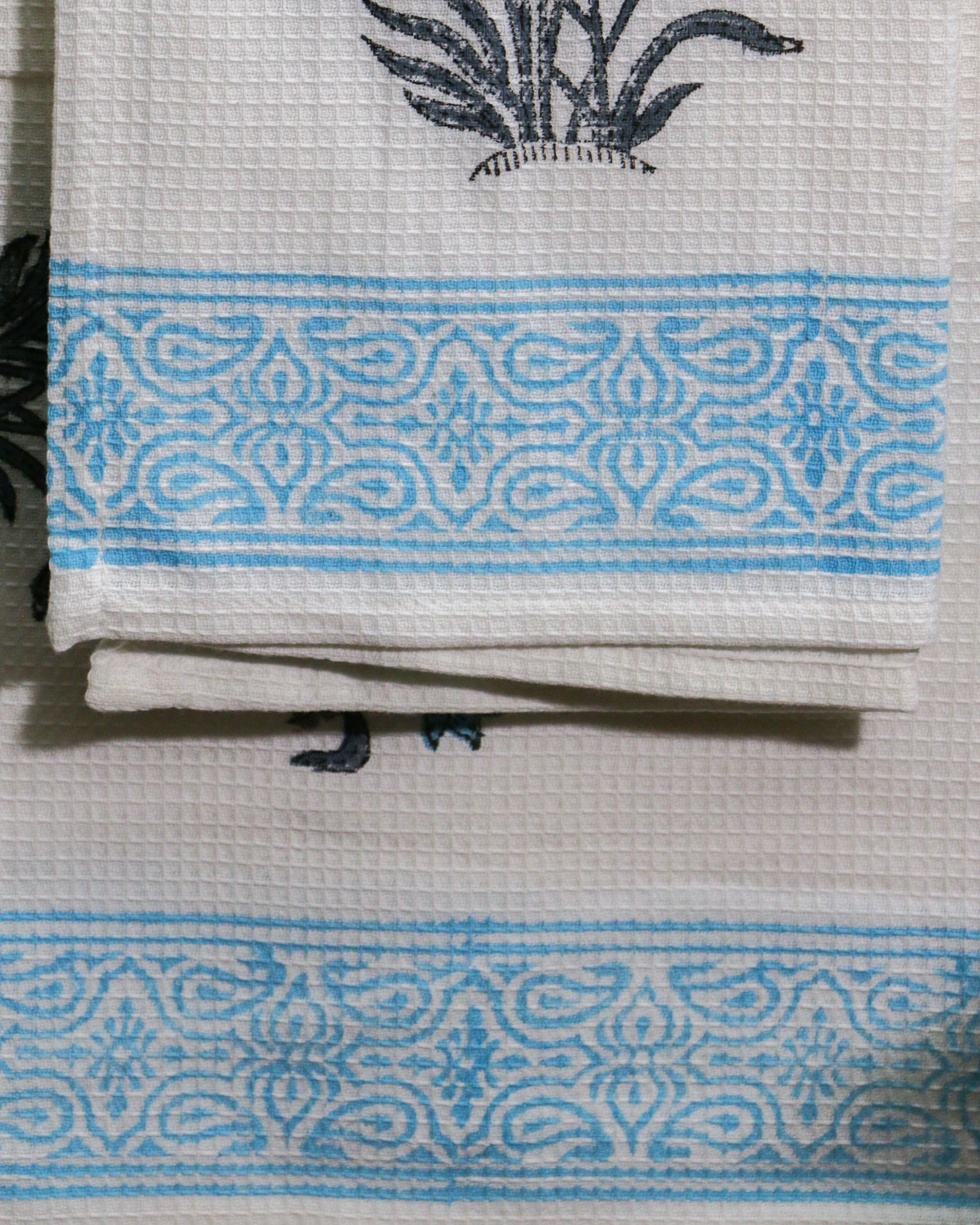 Hand Block Printed Blue Floral Waffle Cotton Towel Set (1 Bath+2 Hand Towels)