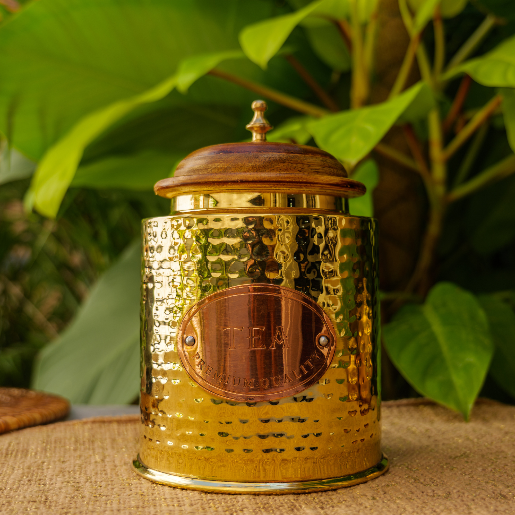 Tea Jar - Pure Brass Hammered Jar Storage Container - Large - Wood Lid