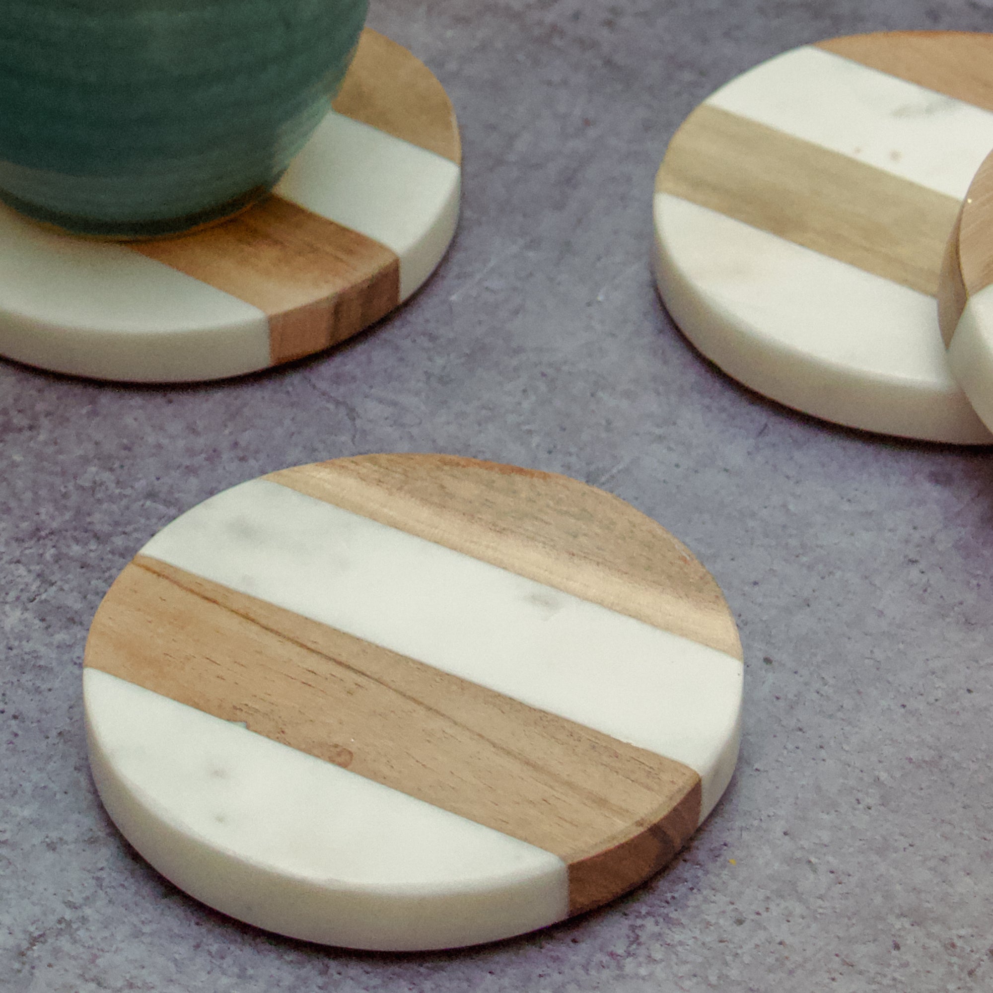 Original Makrana Marble Wood Inlay Coasters - Set of 4