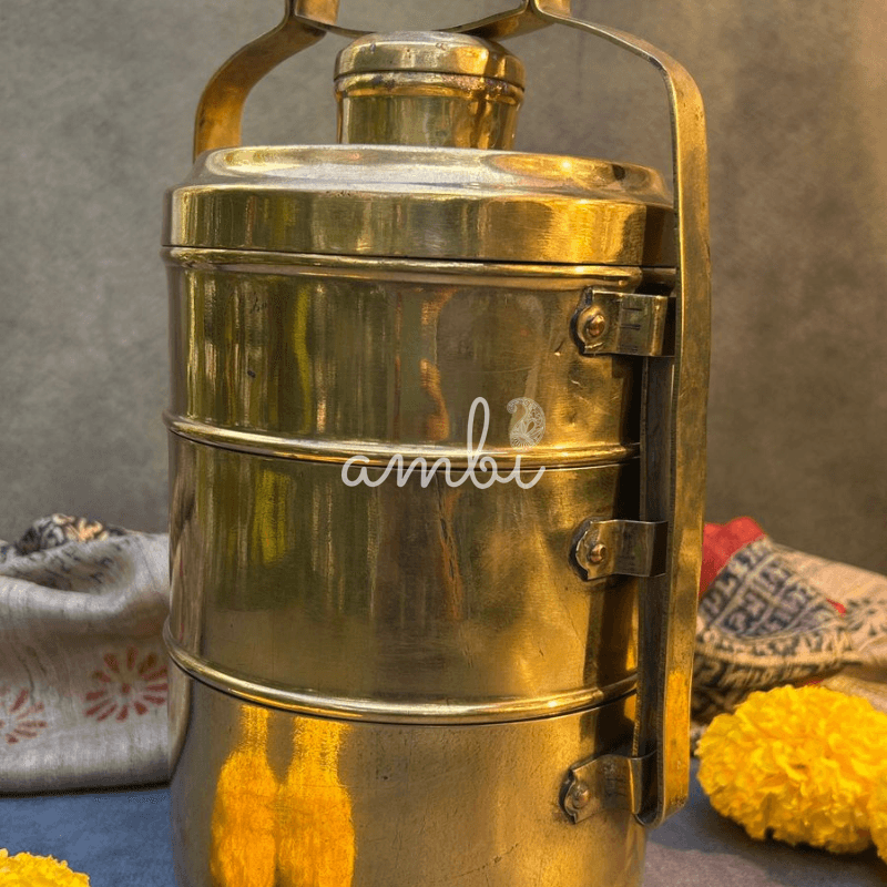 Elegant Handcrafted Vintage Brass Three Tier Tiffin Set