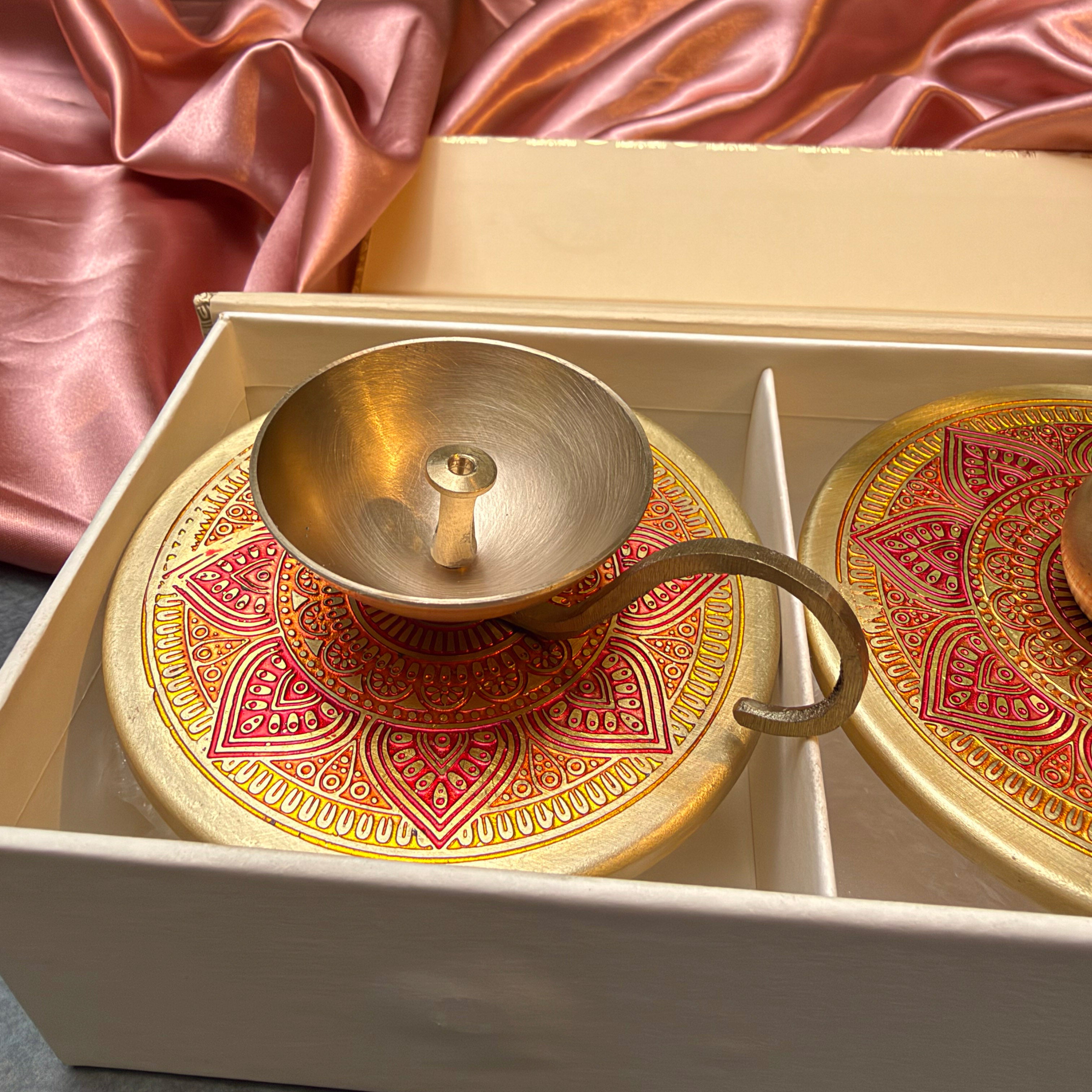 Ambi Pure Brass Mandala Pooja Essentials Set | Diya, Incense Holder& Multipurpose Box |
