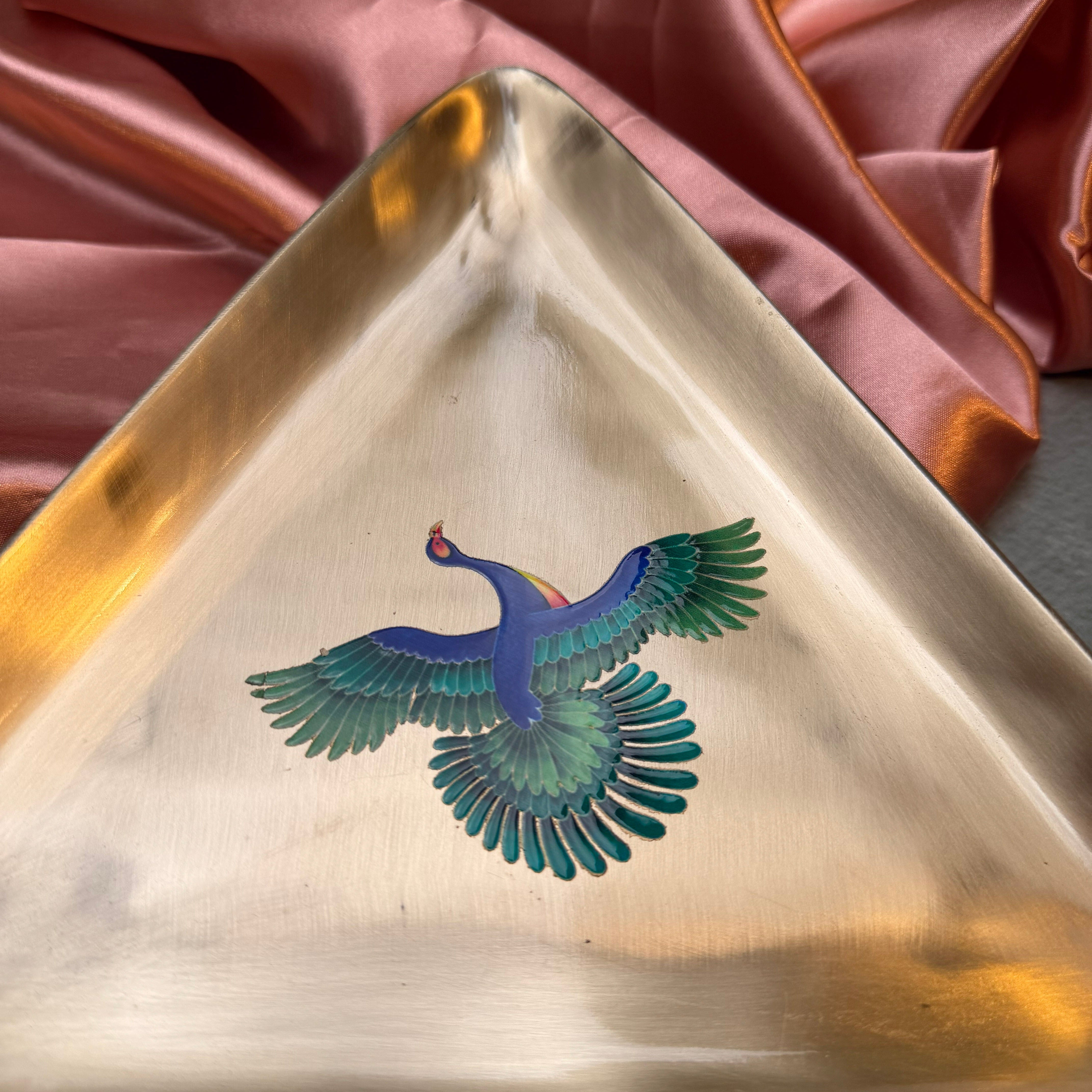 AMBI 100% Pure Kansa Pattachitra Birds - Hand-Painted Finish Triangle Platter | Heavy | Smooth Finish