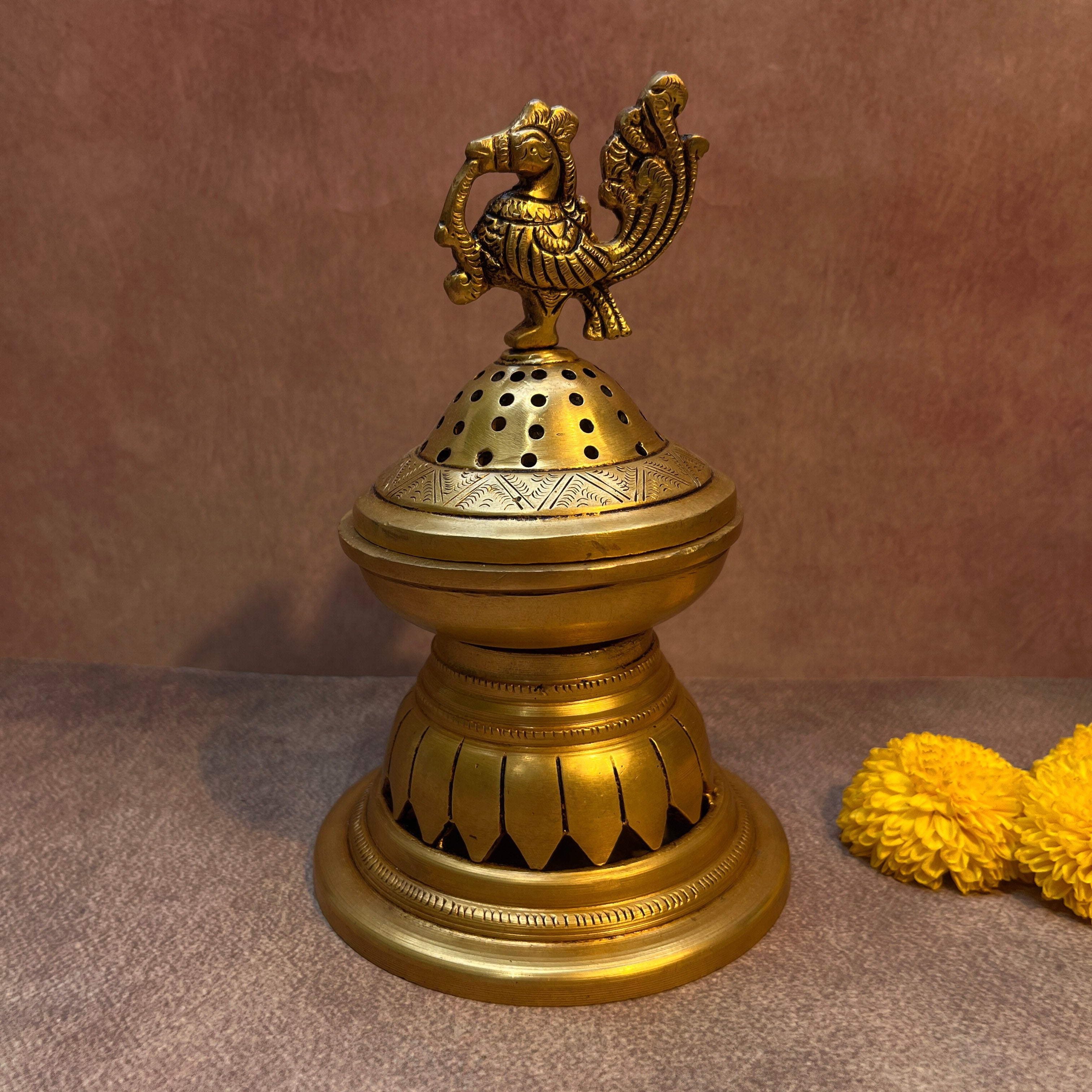 Lotus Base Peacock Top Brass Dhuni Loban Sambrani Incense Burner (Large)