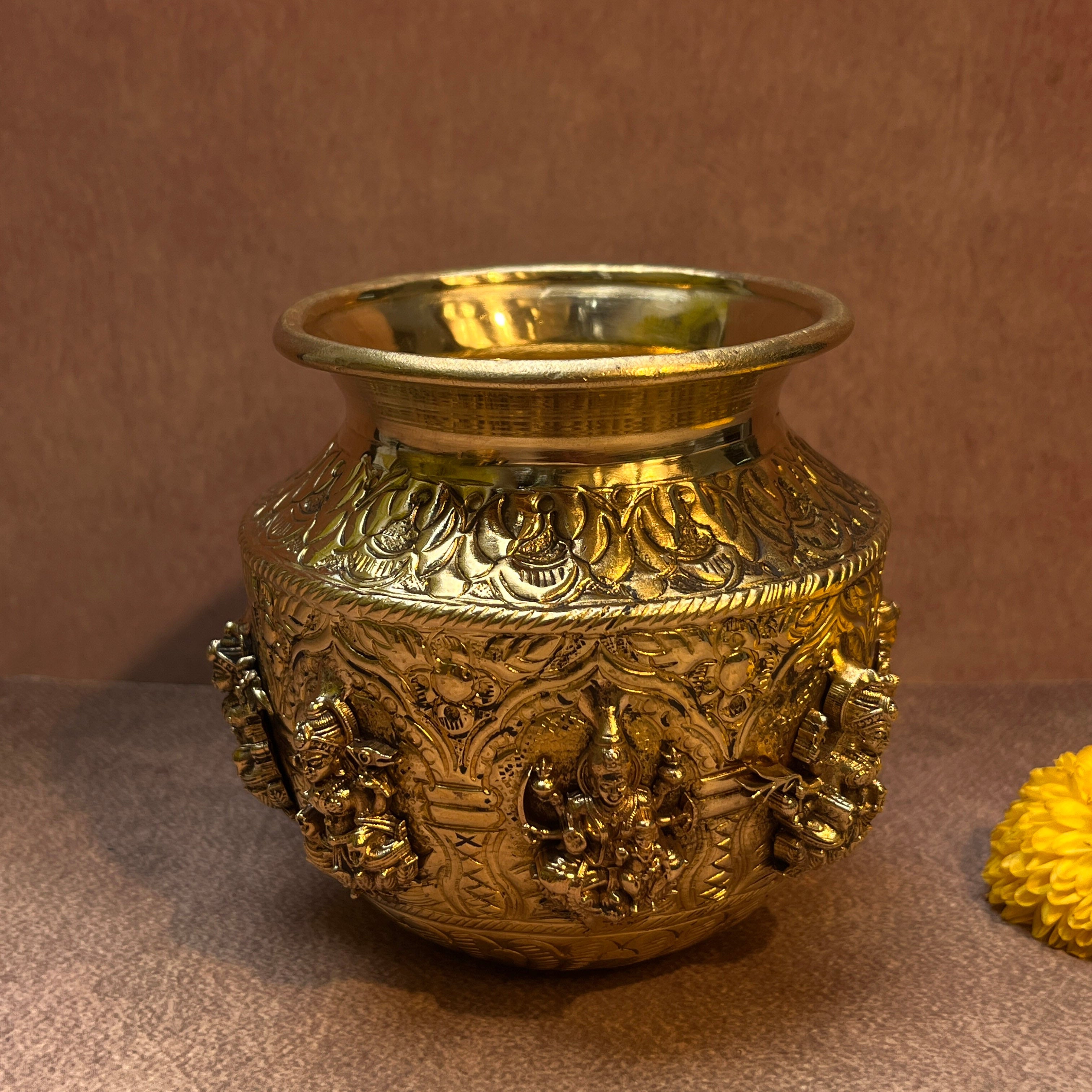 AMBI Pure Brass Lakshmi Pooja Kalash | Lakshmi Embossed Kalash