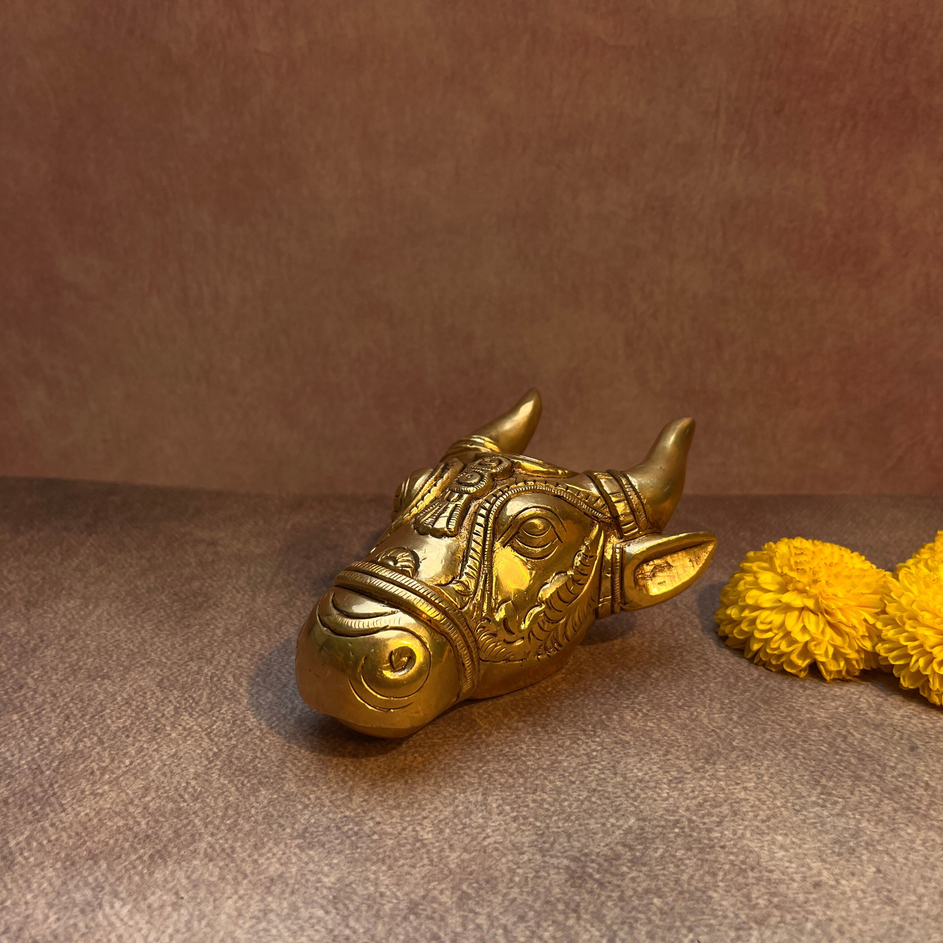 Ambi Pure Brass Nandikeshvara / Nandideva Face Sculpture (Antique Gold Finish)