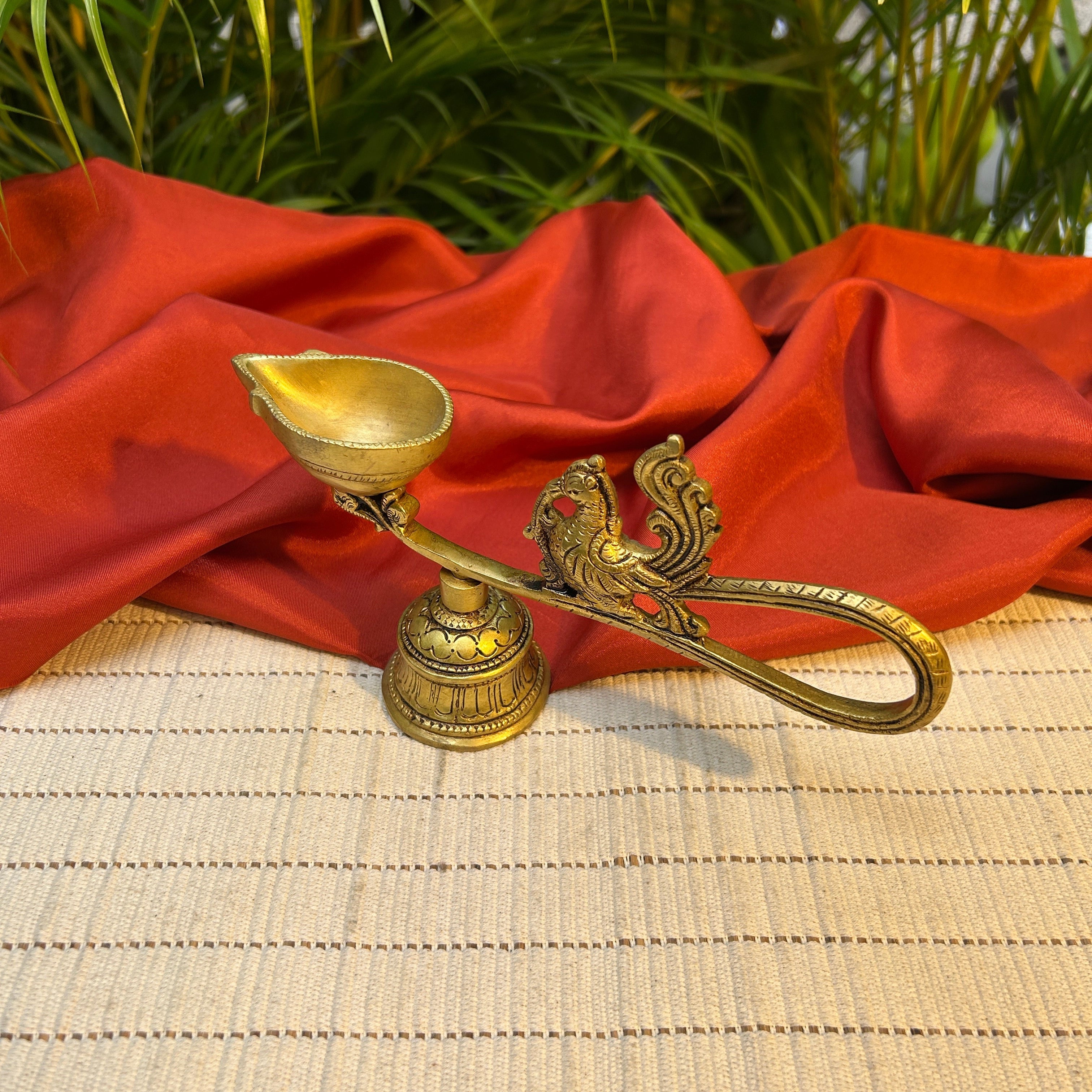 Ambi Handcrafted Pure Brass Peacock Deepam with Bell | Traditional Puja Lamp