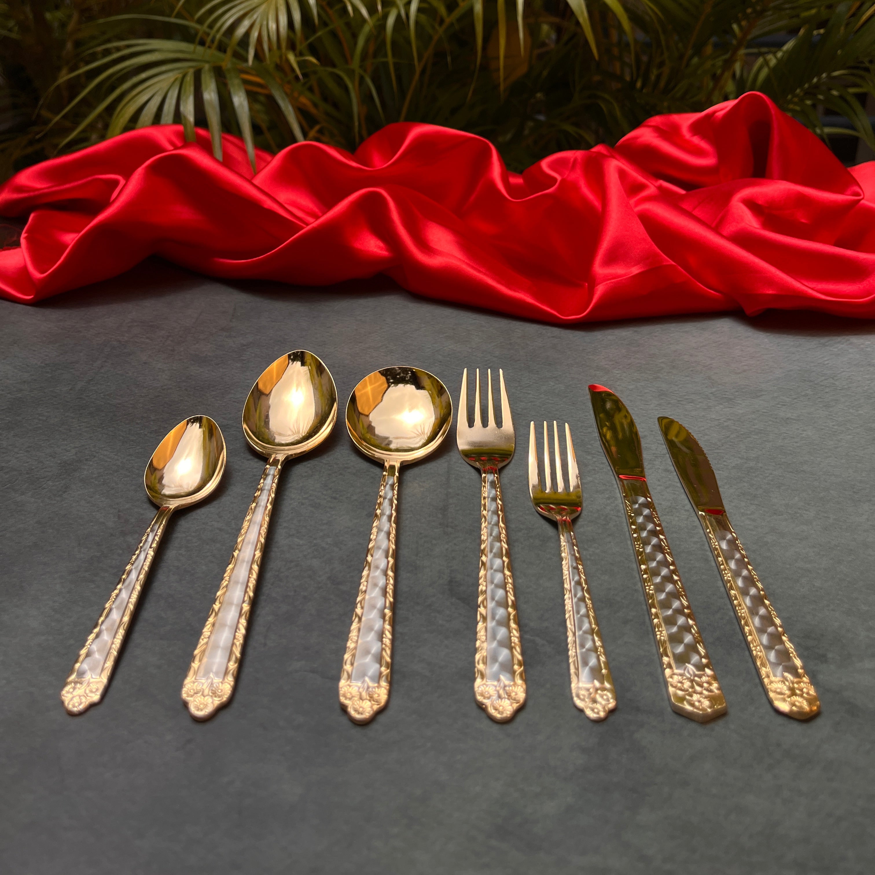 Ambi Pure Brass Cutlery Set of 7 | Opulent Gold Finish |