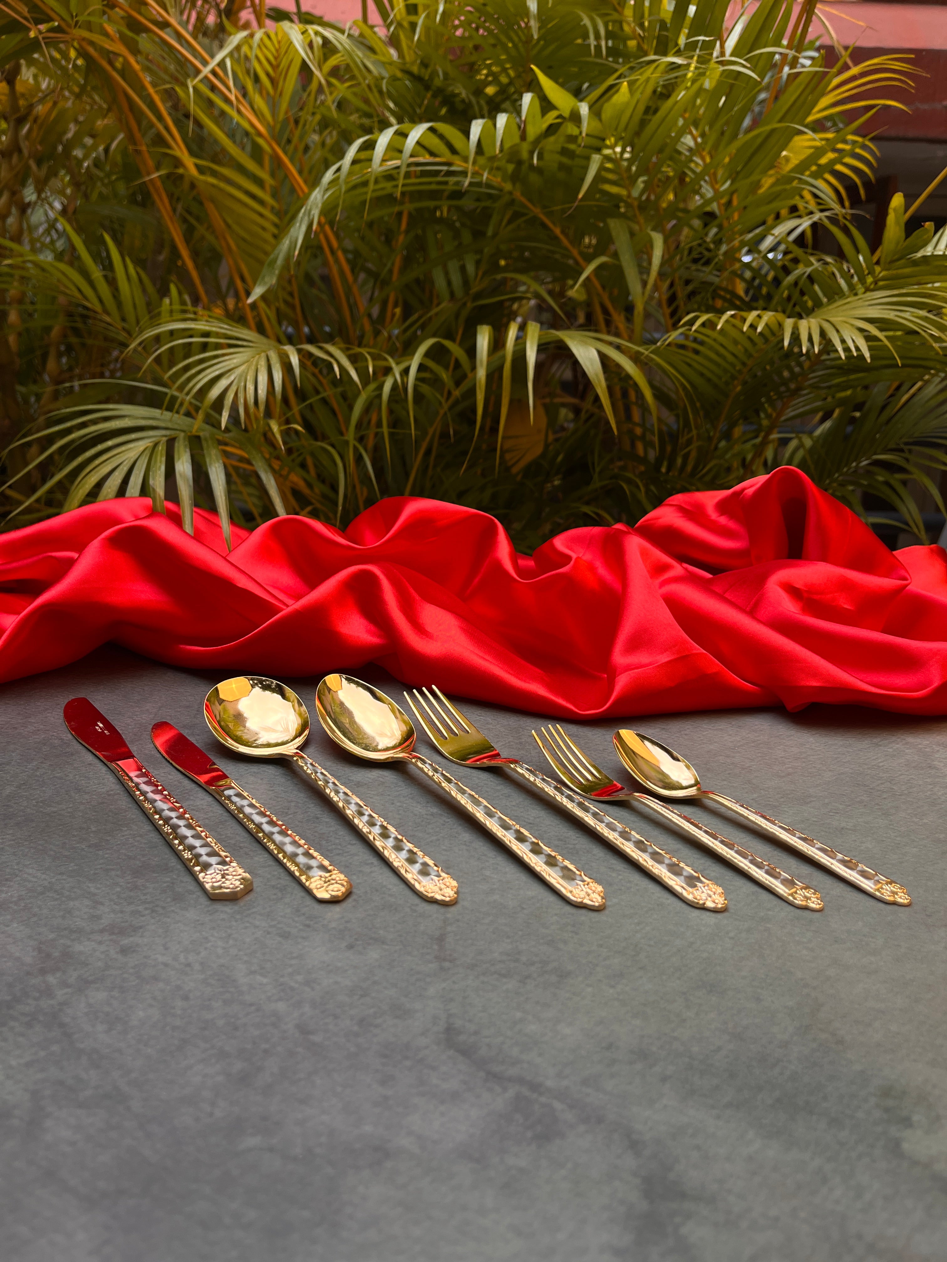 Ambi Pure Brass Cutlery Set of 7 | Opulent Gold Finish |