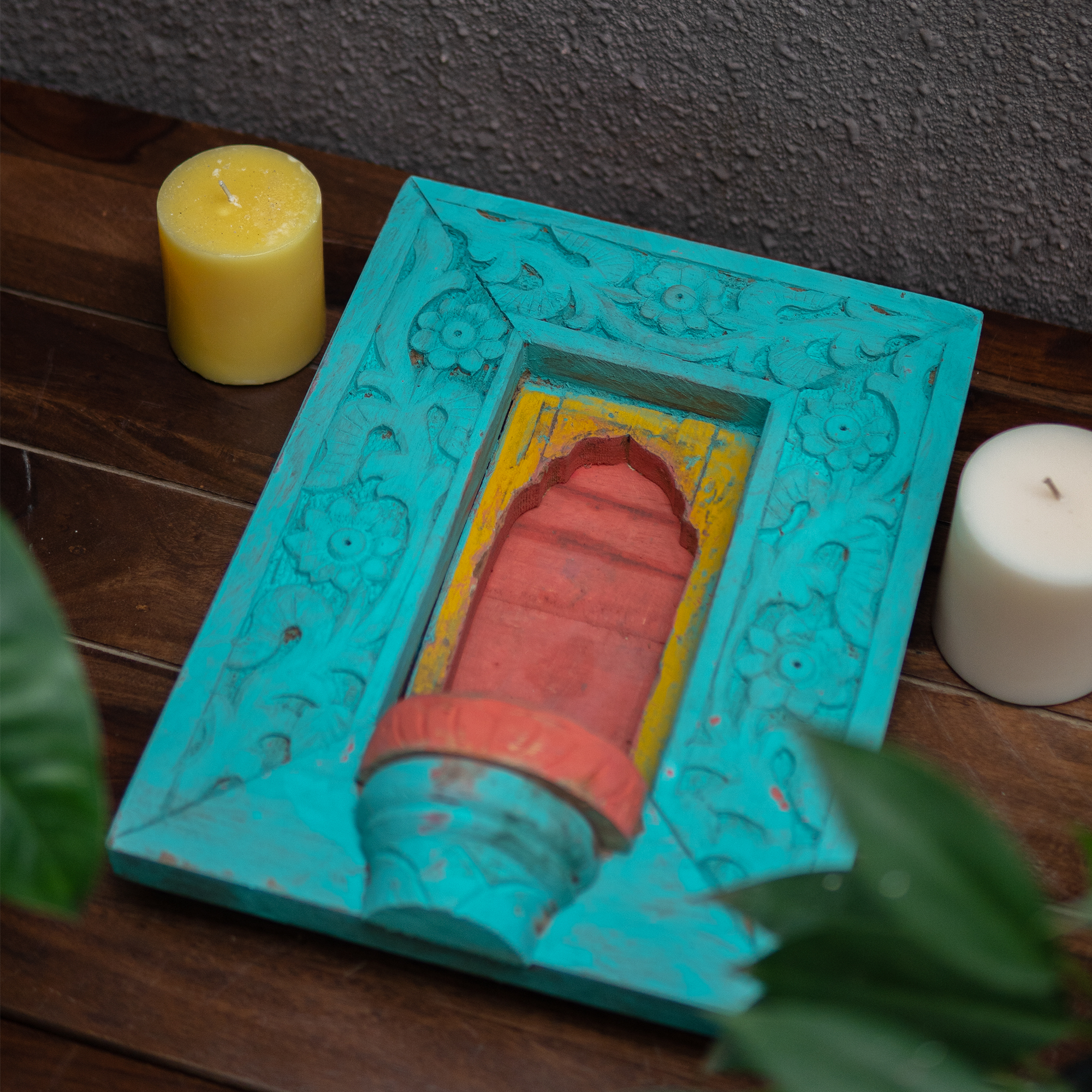 Wooden Medium Jharoka With Candle Space in Cyan