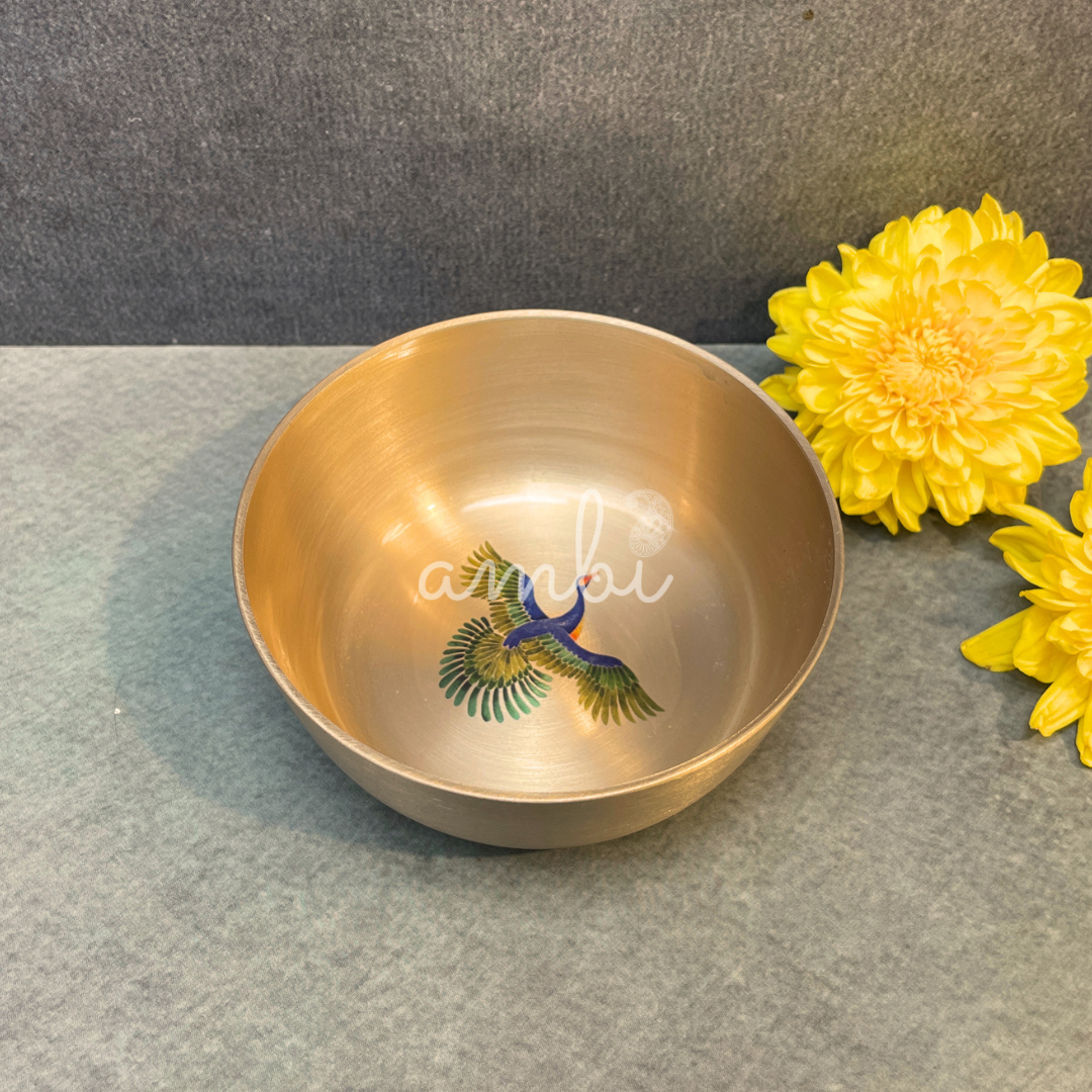 AMBI Lead Free 100% Pure Kansa Pattachitra bird Hand Painted Finish Small Bowl - 3.5 Inch - 180 ML