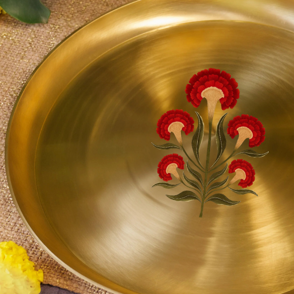 AMBI 100% Pure Kansa Floral Hand Painted Finish Dining Plate / Thali / Pooja Plate - 12 inches 1kg Curved Edge