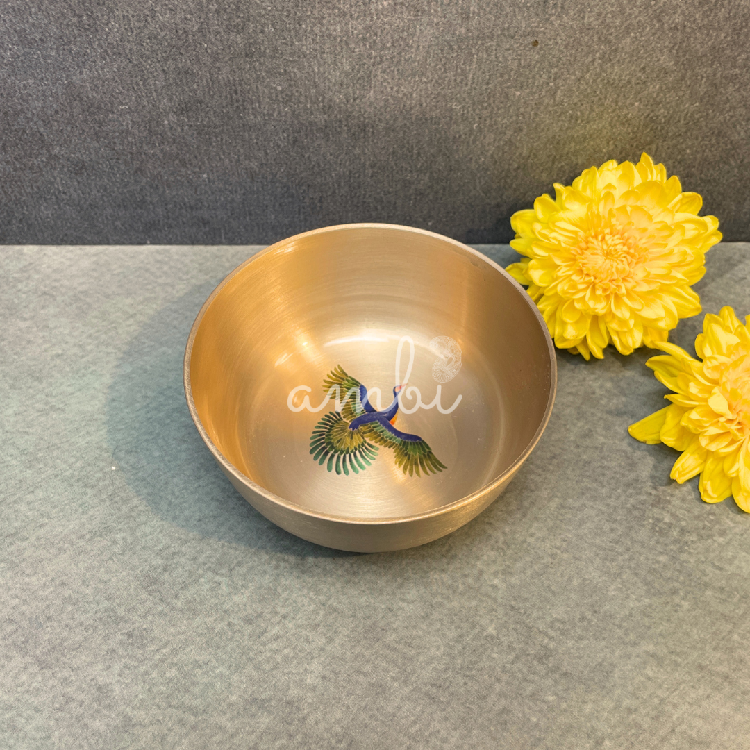 AMBI Lead Free 100% Pure Kansa Pattachitra bird Hand Painted Finish Small Bowl - 3.5 Inch - 180 ML