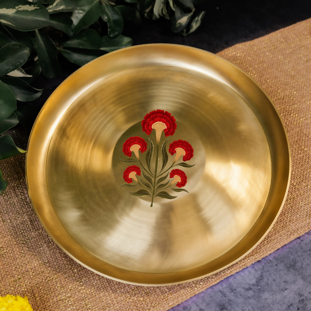 AMBI 100% Pure Kansa Floral Hand Painted Finish Dining Plate / Thali / Pooja Plate - 12 inches 1kg Curved Edge