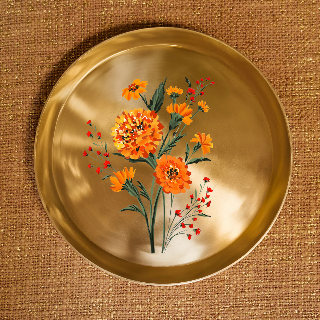 AMBI 100% Pure Kansa Marigold Hand Painted Finish Dining Plate / Thali / Pooja Plate - 12 inches 1kg Curved Edge