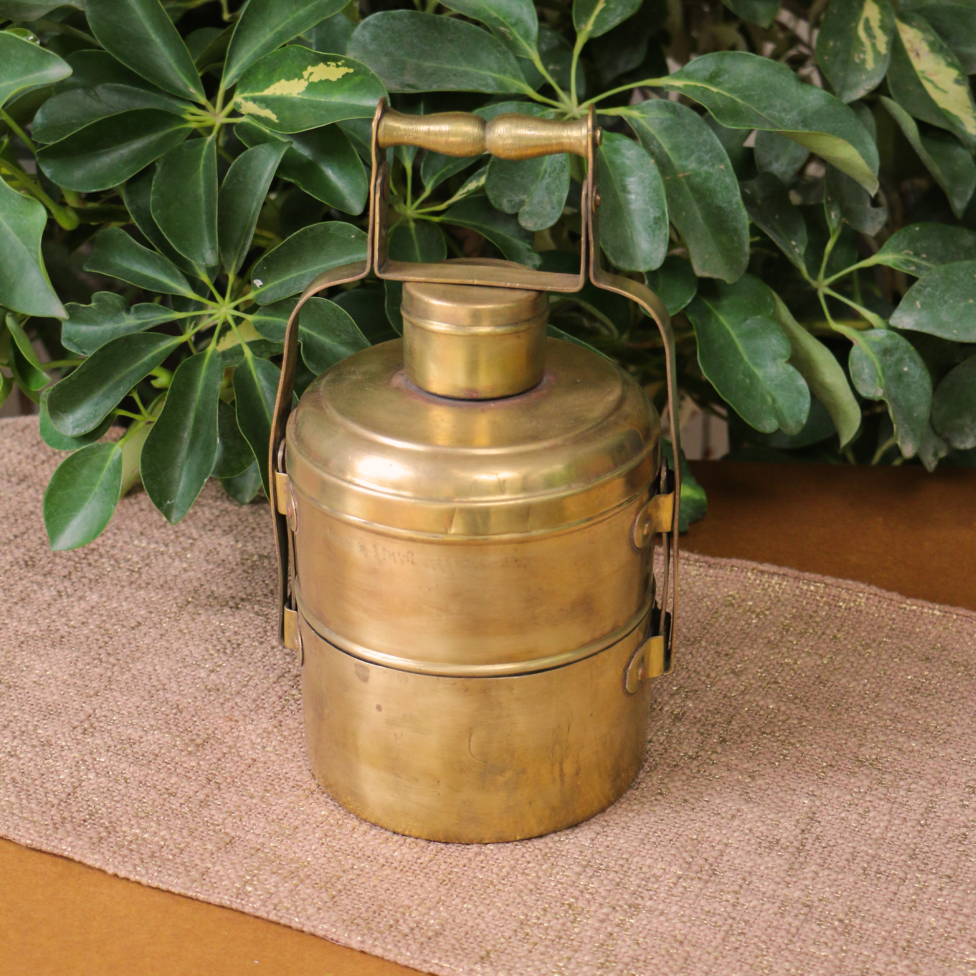 Elegant Handcrafted Vintage Brass Two Tier Tiffin Set