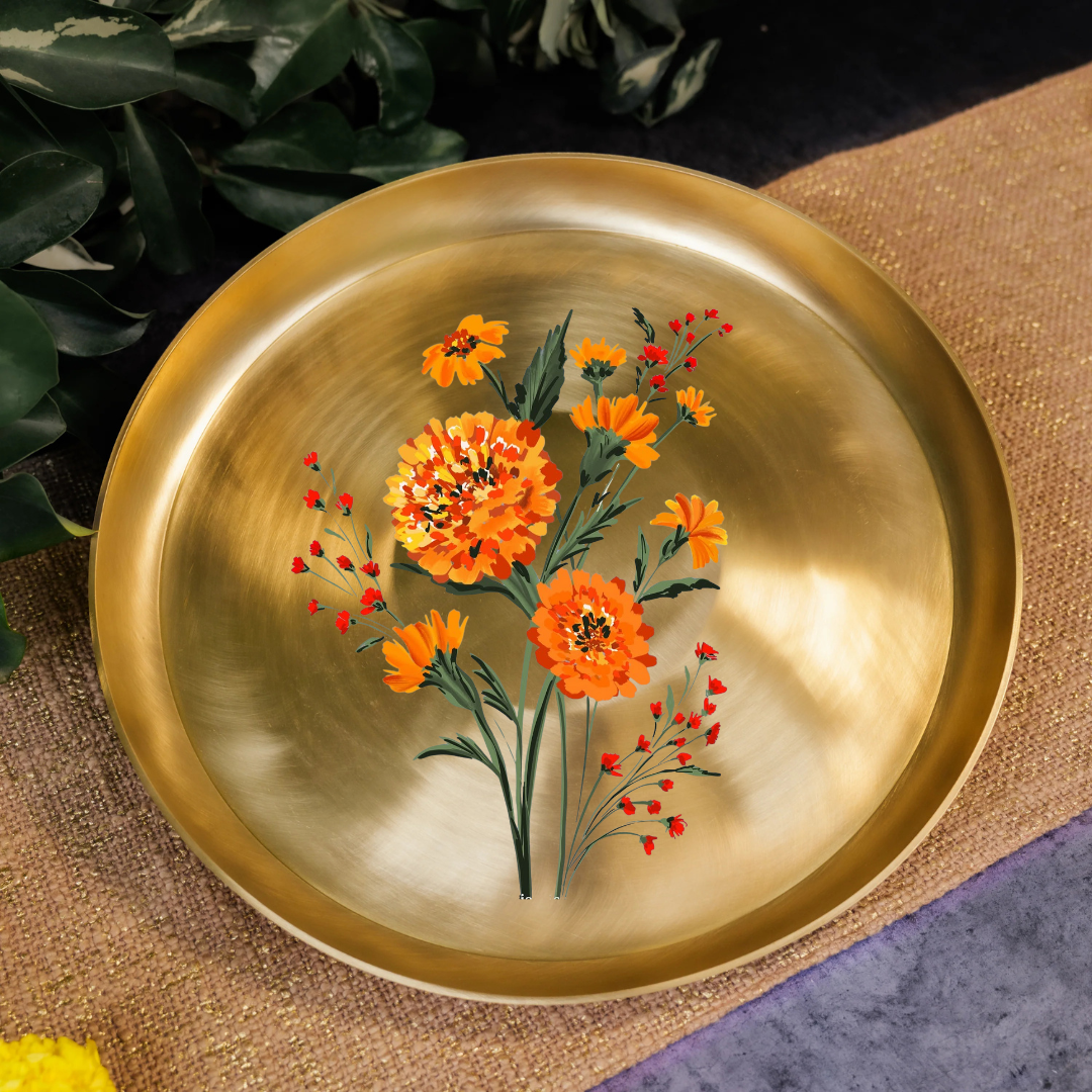 AMBI 100% Pure Kansa Marigold Hand Painted Finish Dining Plate / Thali / Pooja Plate - 12 inches 1kg Curved Edge