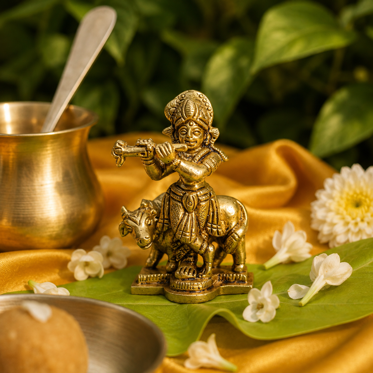 Pure Brass Lord Krishna Idol with Nandi - 2.75 inch height