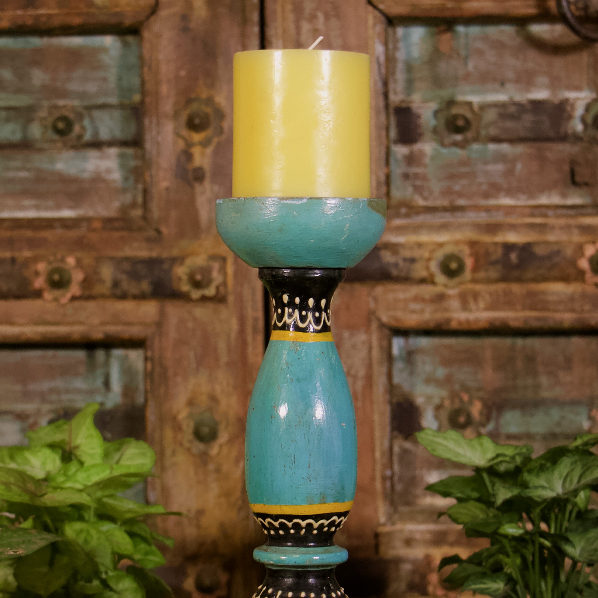 Wooden Candle Rustic Look Stand - Cyan