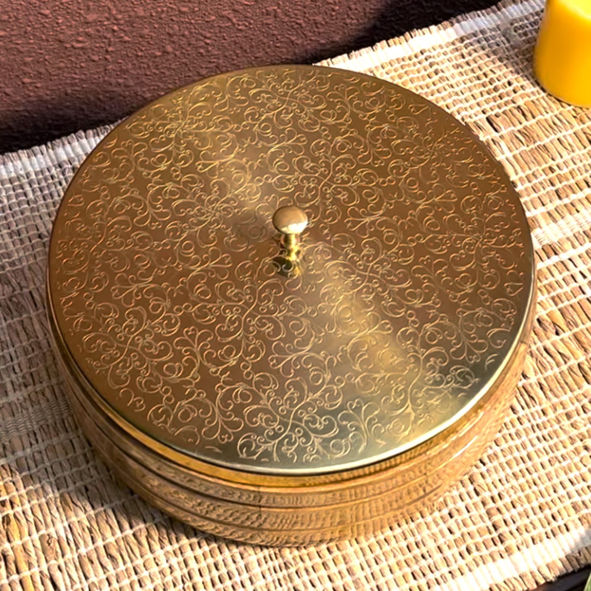 Intricately Etched Aesthetic Roti Box with Wooden Base and Tongs