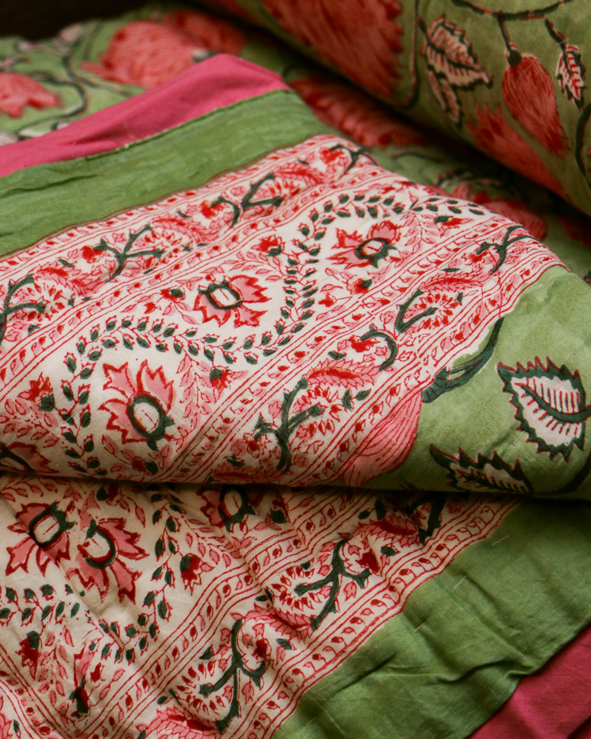 Pink Floral Hand Block Printed Jaipuri Quilt- Singles - Pair of 2 - 60X90 Inches each