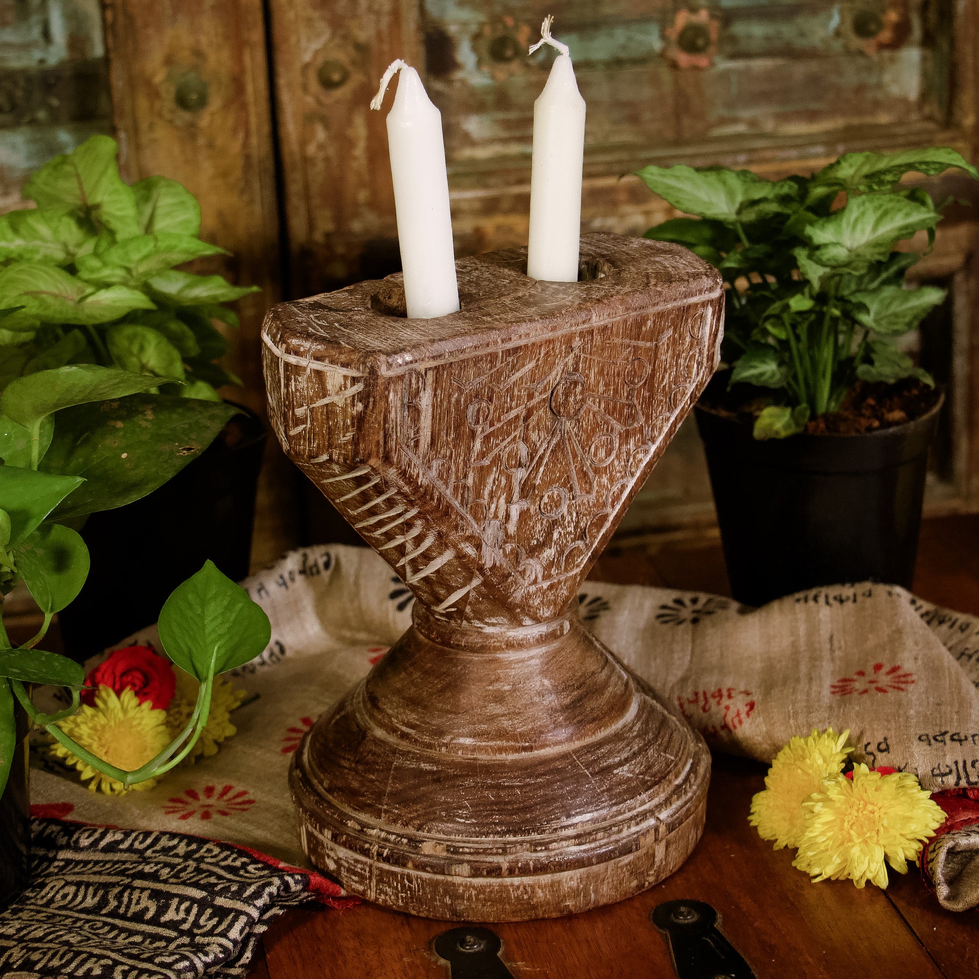 Wooden Candle Mosaic Stand - Seeder Tool - 2 Candles