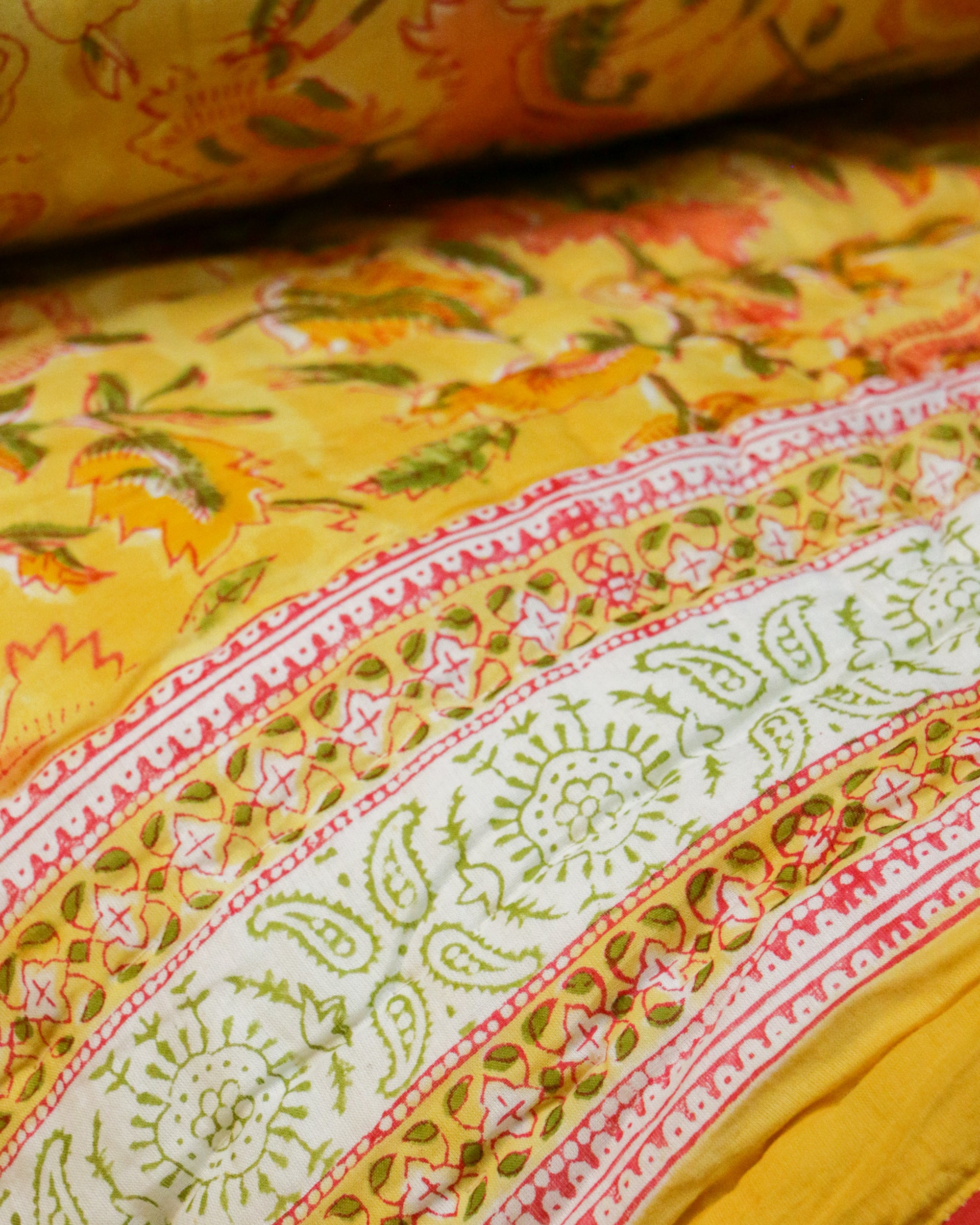 Yellow Hand Block Printed Jaipuri Quilt- Singles - Pair of 2 - 60X90 Inches each