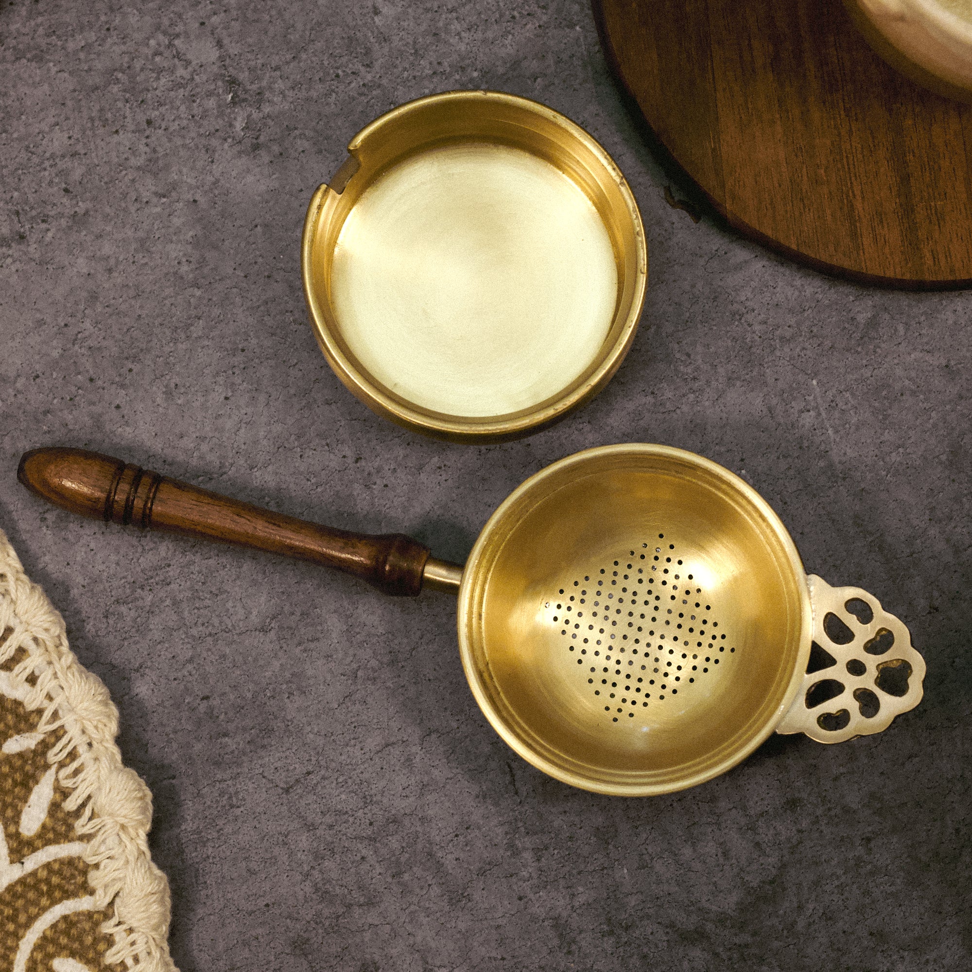 Exquisite Matte Finish 2 Pc Brass Large Tea Strainer with Resting Pot