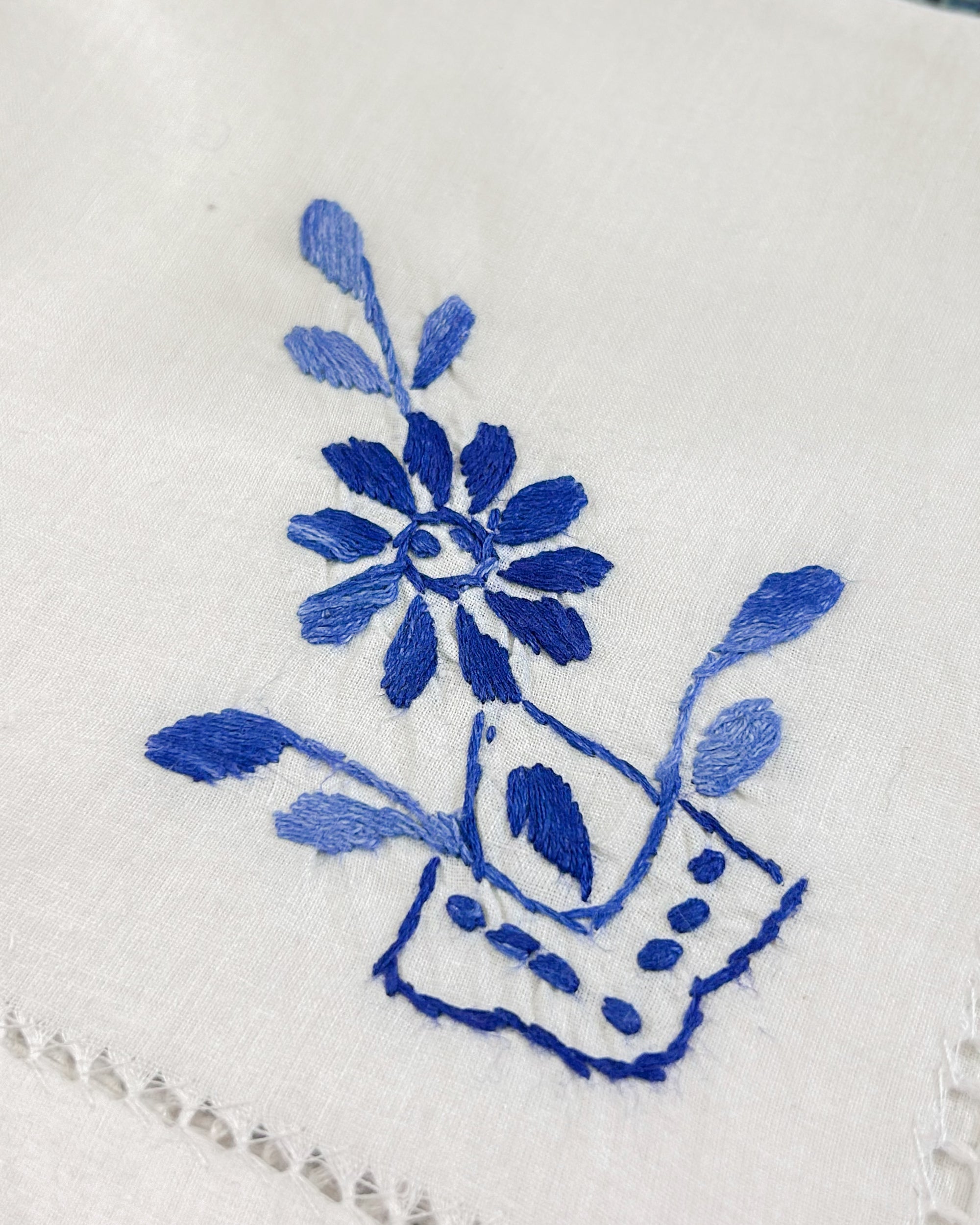 Hand Embroidered Linen Napkins -  Set of 6 - Blue