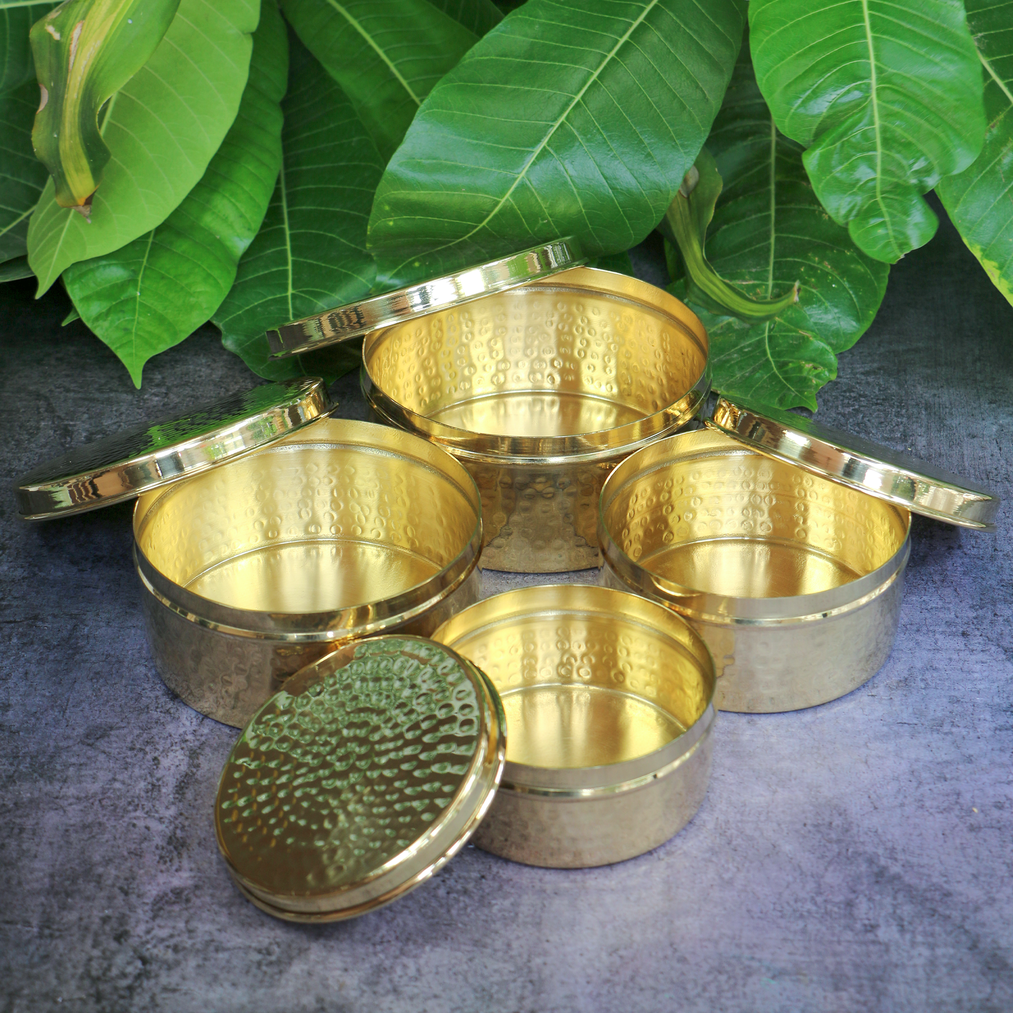 100% Brass Heavy Grade Hammered Storage Boxes / Laddu Boxes - Set of 4 boxes