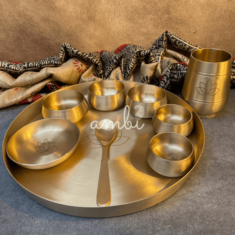 AMBI Curved Kansa Thali Set with Laser Cut Lotus Design - Matt Finish - Heavy Grade (Set of 10 Pieces)