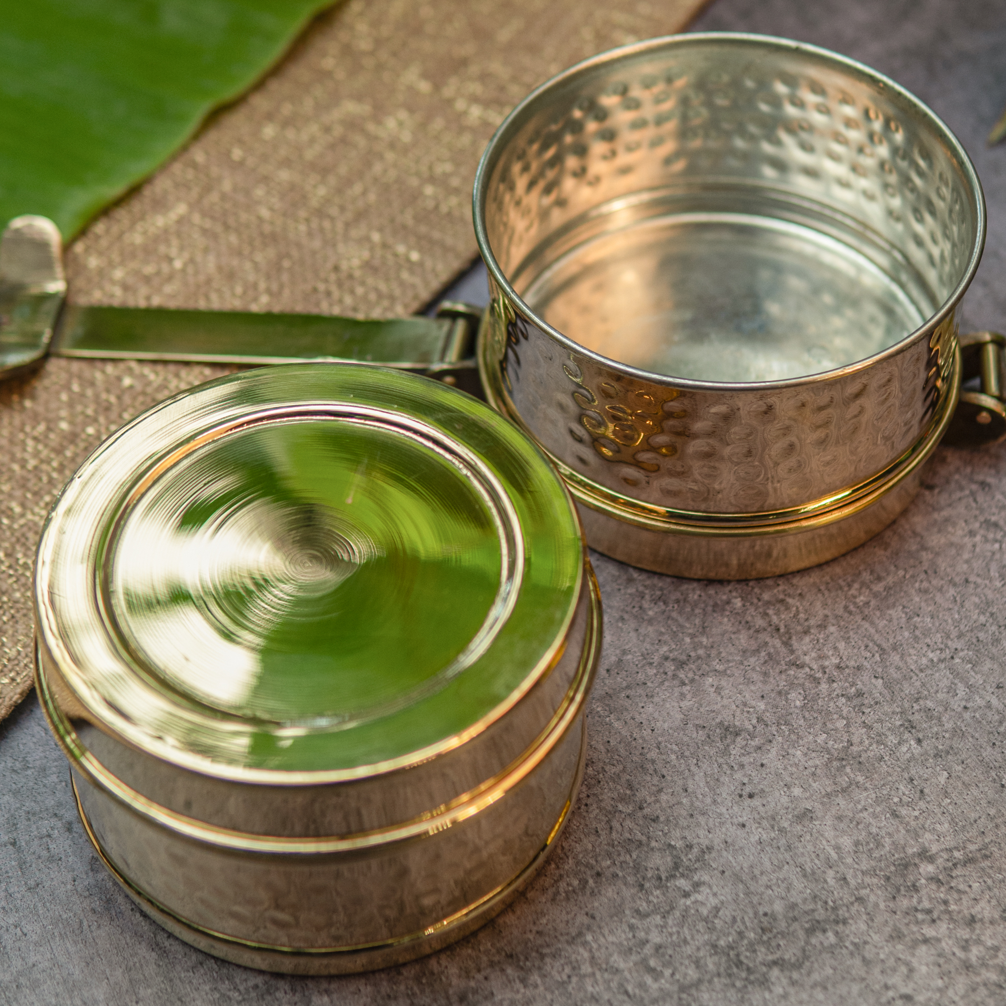 Masterpiece Pure Brass Two Tier Tiffin Box with Shiny Hammered Finish