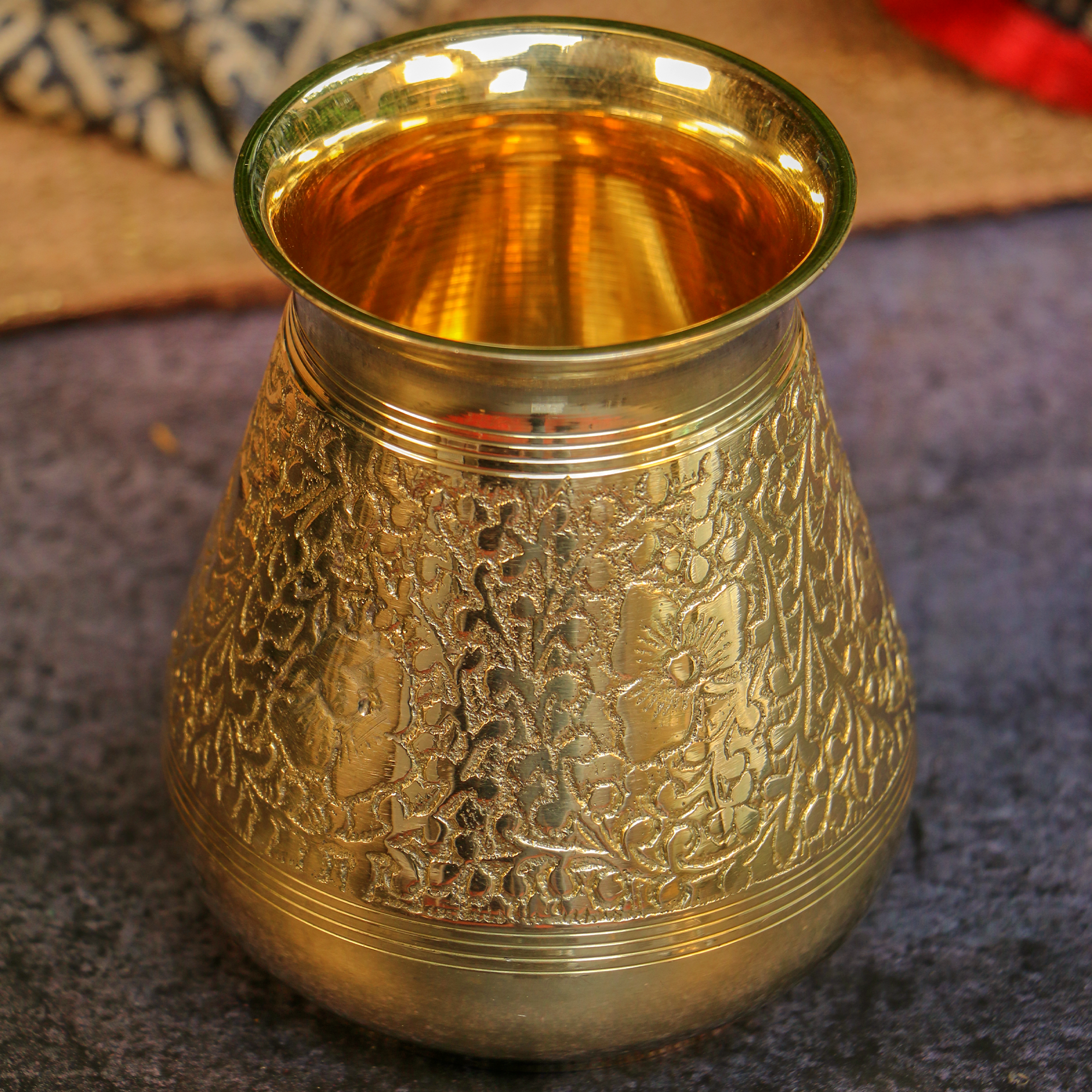 100 % Brass Embossed Lota Kalash for Pooja or Water Storage - Conical