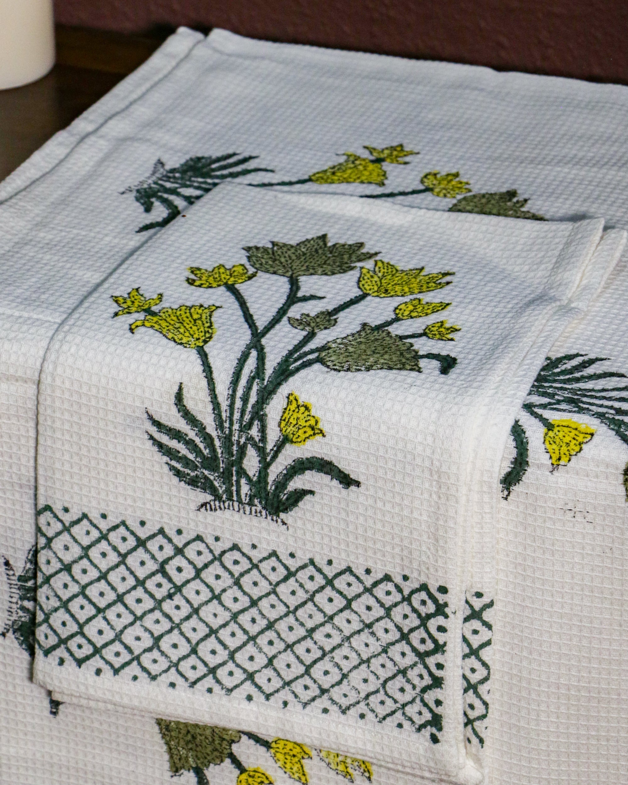 Hand Block Printed Green Flower Waffle Cotton Towel Set (1 Bath+2 Hand Towels)