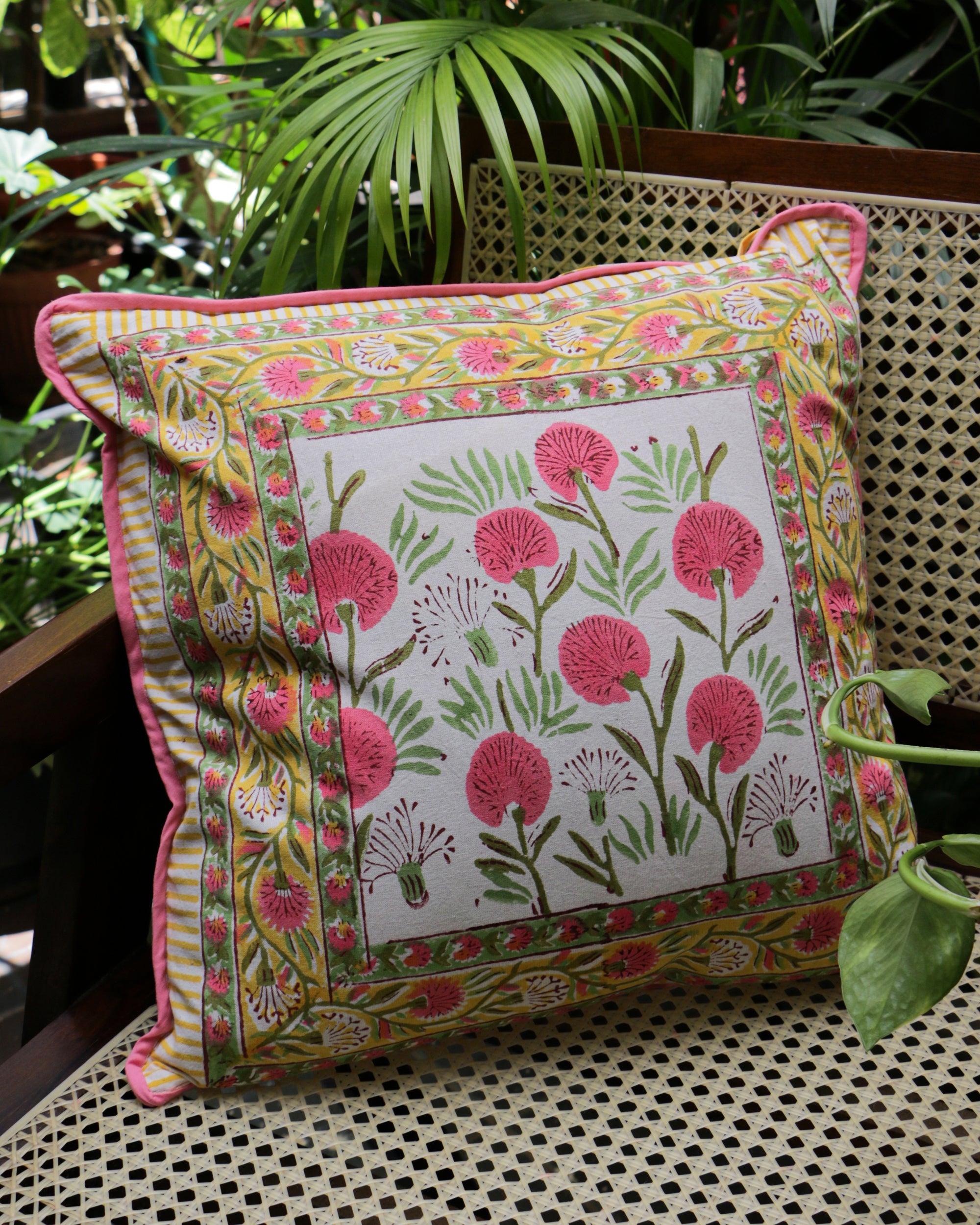 Hand Block Printed Double Side Cushion Cover Yellow ( Set of 6) - 16 X 16 inches