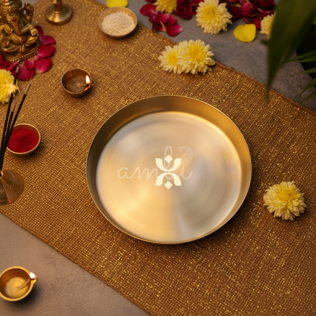 AMBI 100% Lead Free Pure Kansa Thali with laser cut design / Pooja Plate - 8 inch
