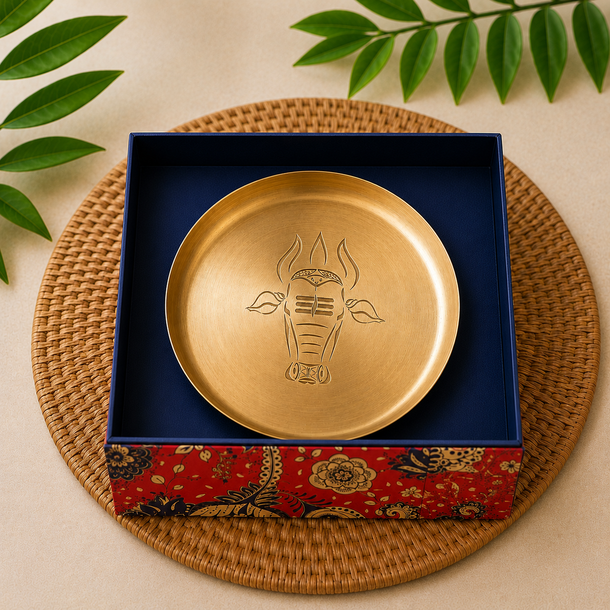 A round gold-toned decorative plate with an engraved Nandi motif, presented inside an open dark blue gift box with a red patterned base, set on a woven round mat with green leaves in the background.