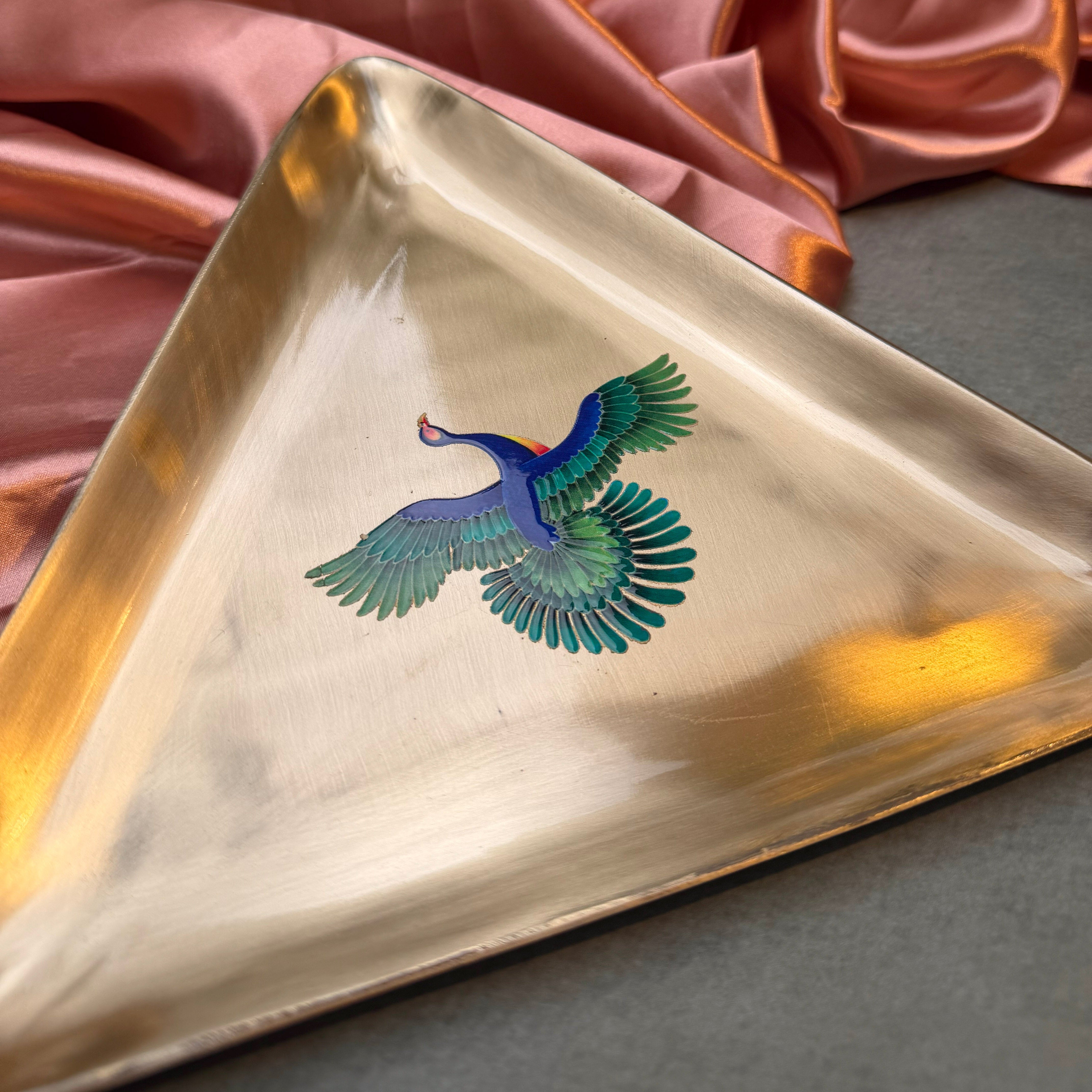AMBI 100% Pure Kansa Pattachitra Birds - Hand-Painted Finish Triangle Platter | Heavy | Smooth Finish