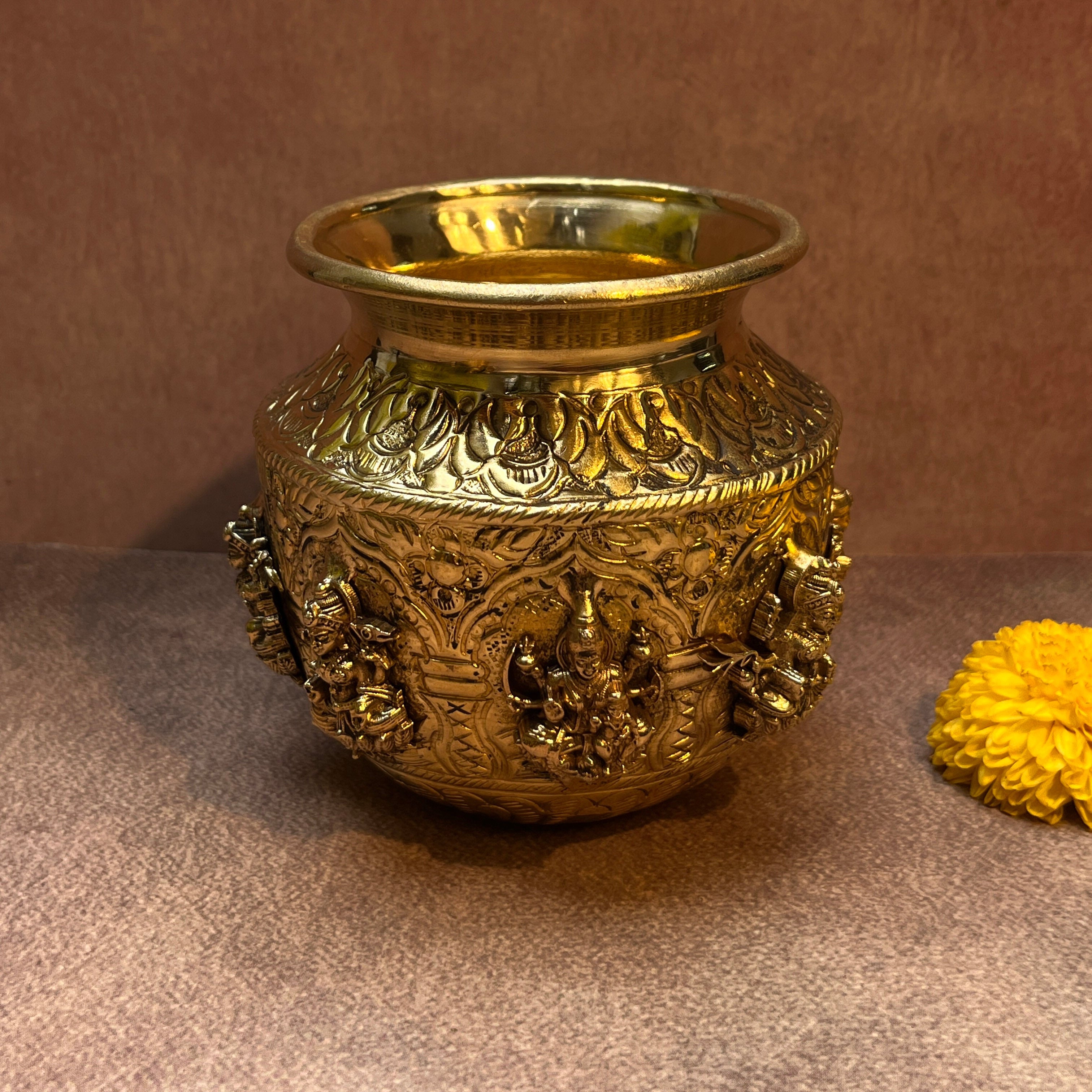 AMBI Pure Brass Lakshmi Pooja Kalash | Lakshmi Embossed Kalash