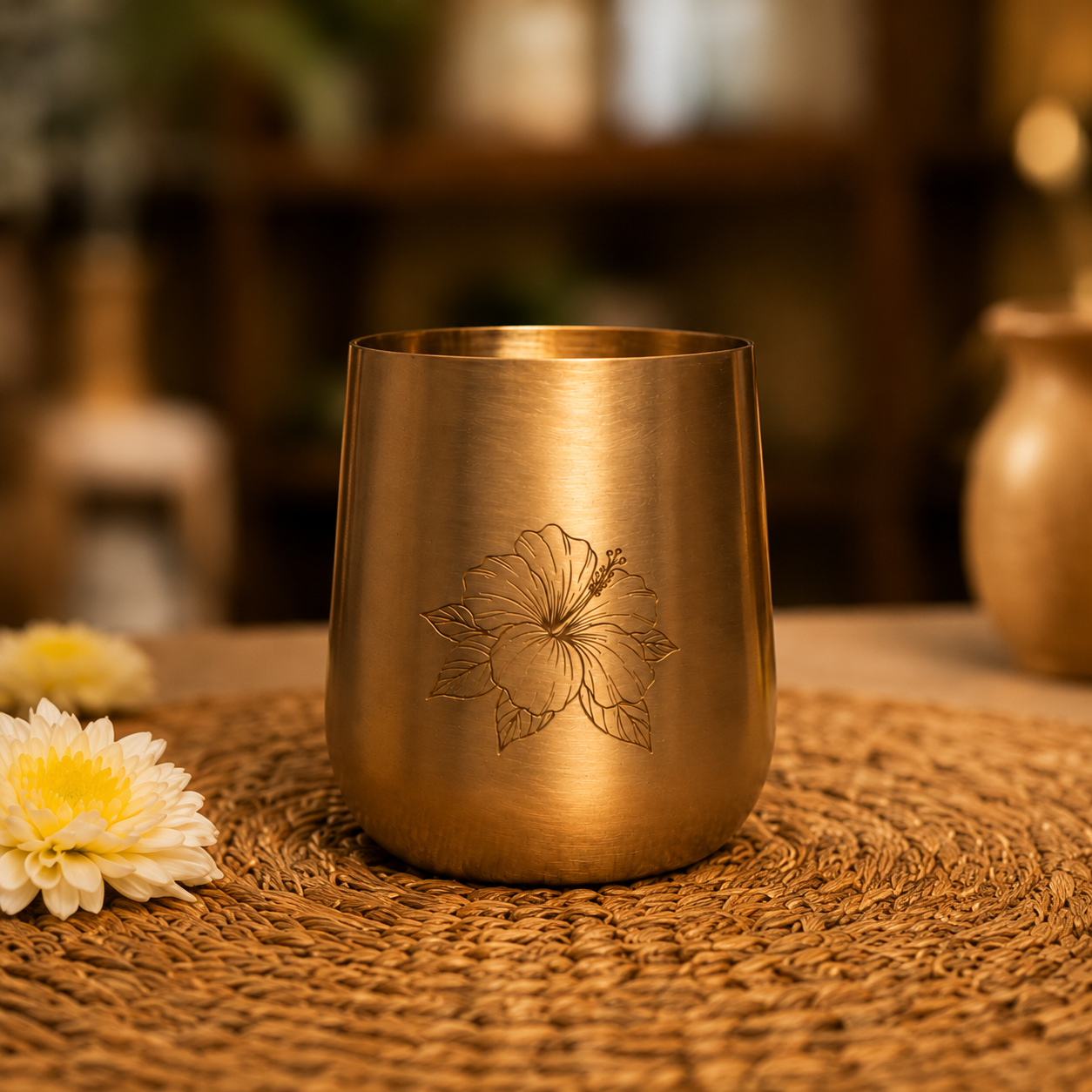 A brushed brass tumbler with an engraved hibiscus flower, resting on a woven placemat with blurred flowers and a wooden background.