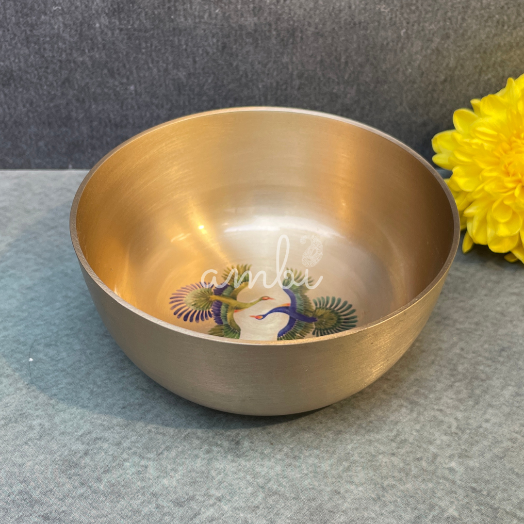AMBI Lead Free 100% Pure Kansa Pattachitra birds Hand Painted Finish Small Bowl - 3.5 Inch - 180 ML