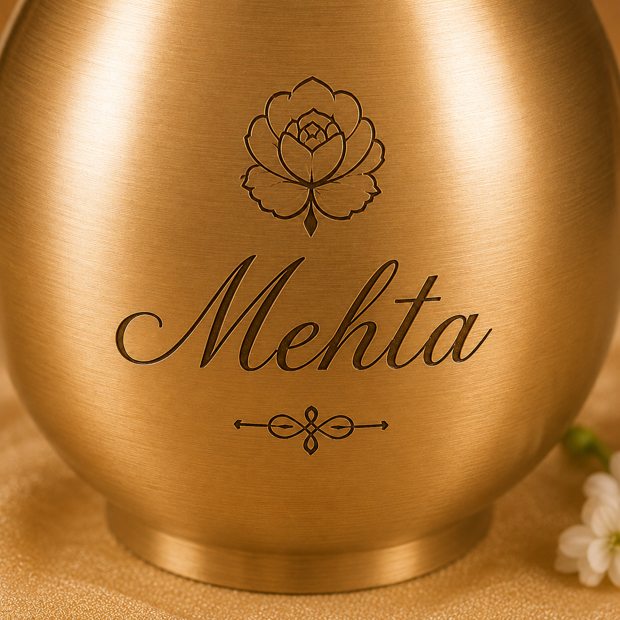 A close-up of a round metallic gold urn or vase with a brushed finish, engraved with a rose illustration and the name 'Mehta' in cursive, set against a warm beige background with a small white flower at the edge.
