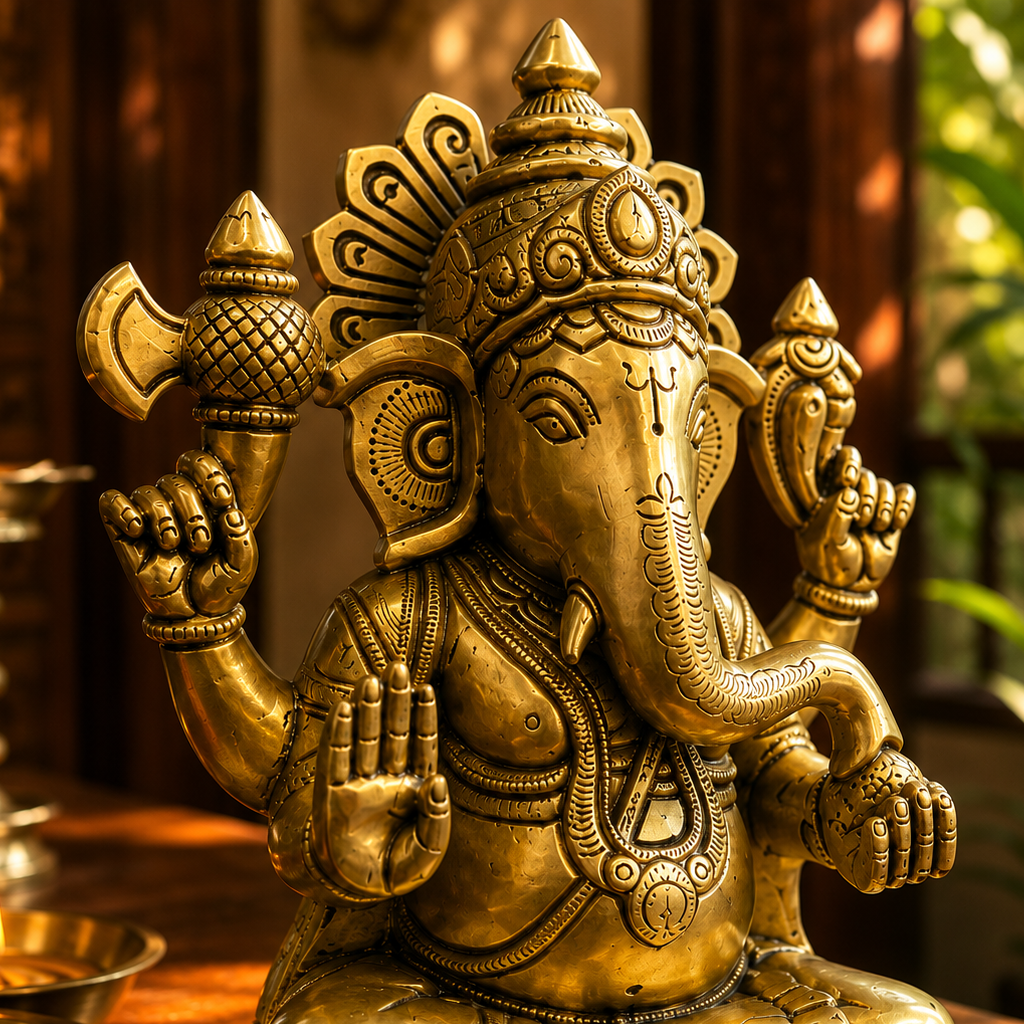 A golden brass statue of Lord Ganesha seated cross-legged on a wooden surface, with a lit oil lamp and flowers in the softly blurred background.