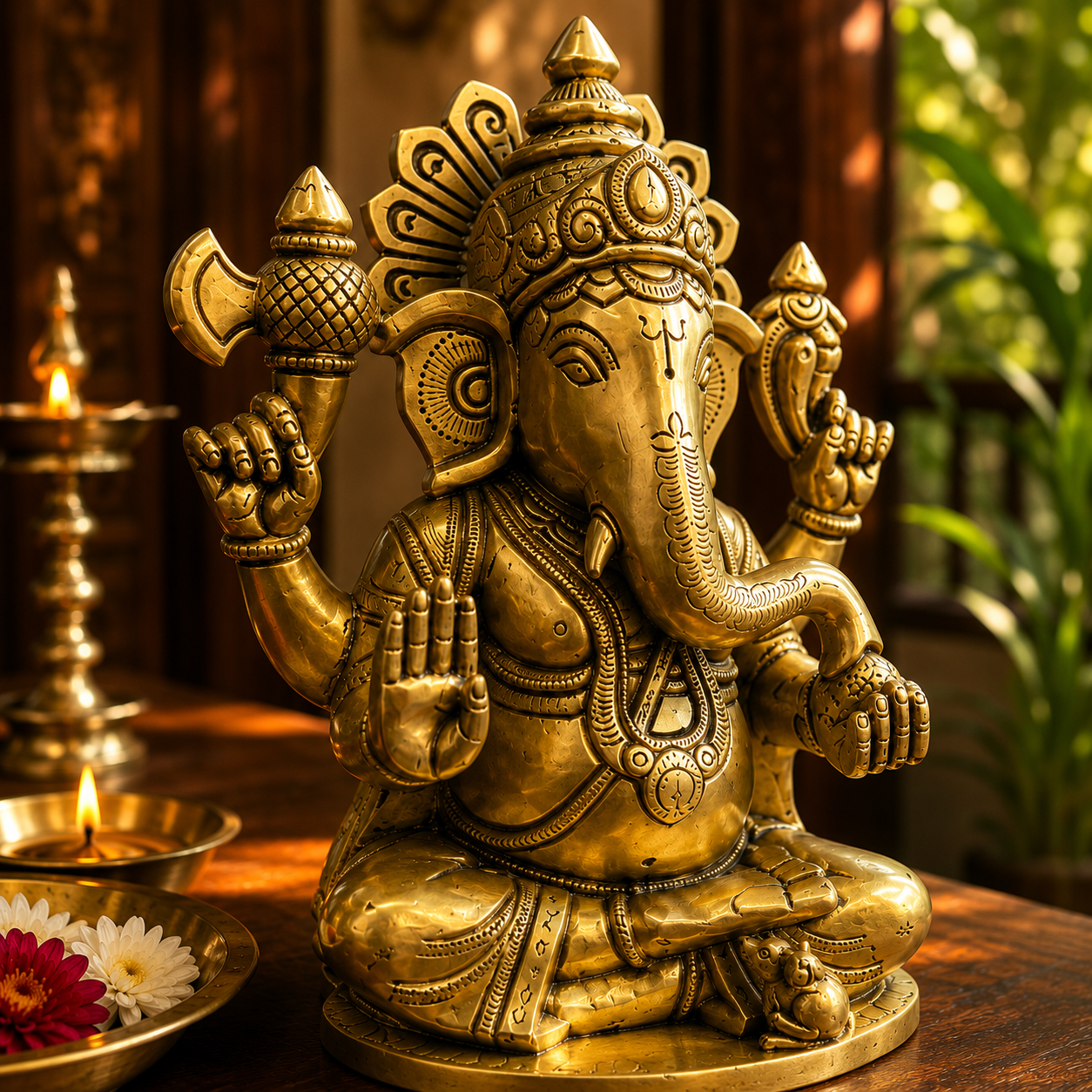 A golden brass statue of Lord Ganesha seated cross-legged on a wooden surface, with a lit oil lamp and flowers in the softly blurred background.