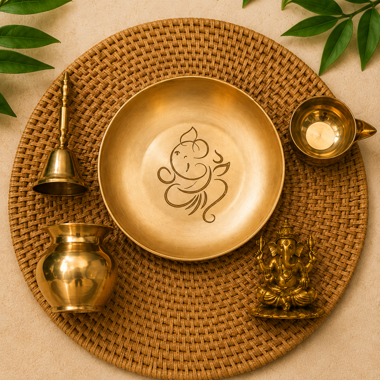 A brass plate engraved with a Ganesha design, displayed on a round woven placemat alongside a brass bell, a small brass pot, a brass cup, and a brass Ganesha statue.