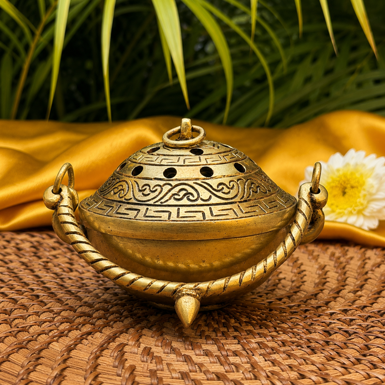 A brass incense burner with an ornate lid, decorative scrollwork, and a twisted handle, displayed on a woven mat with gold fabric and green leaves in the background.
