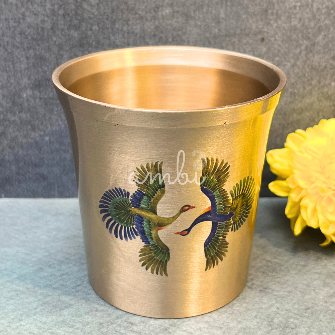 AMBI Pure 100% Lead Free Kansa Pattachitra birds Hand Painted Finish Water Glass - Curved Rim