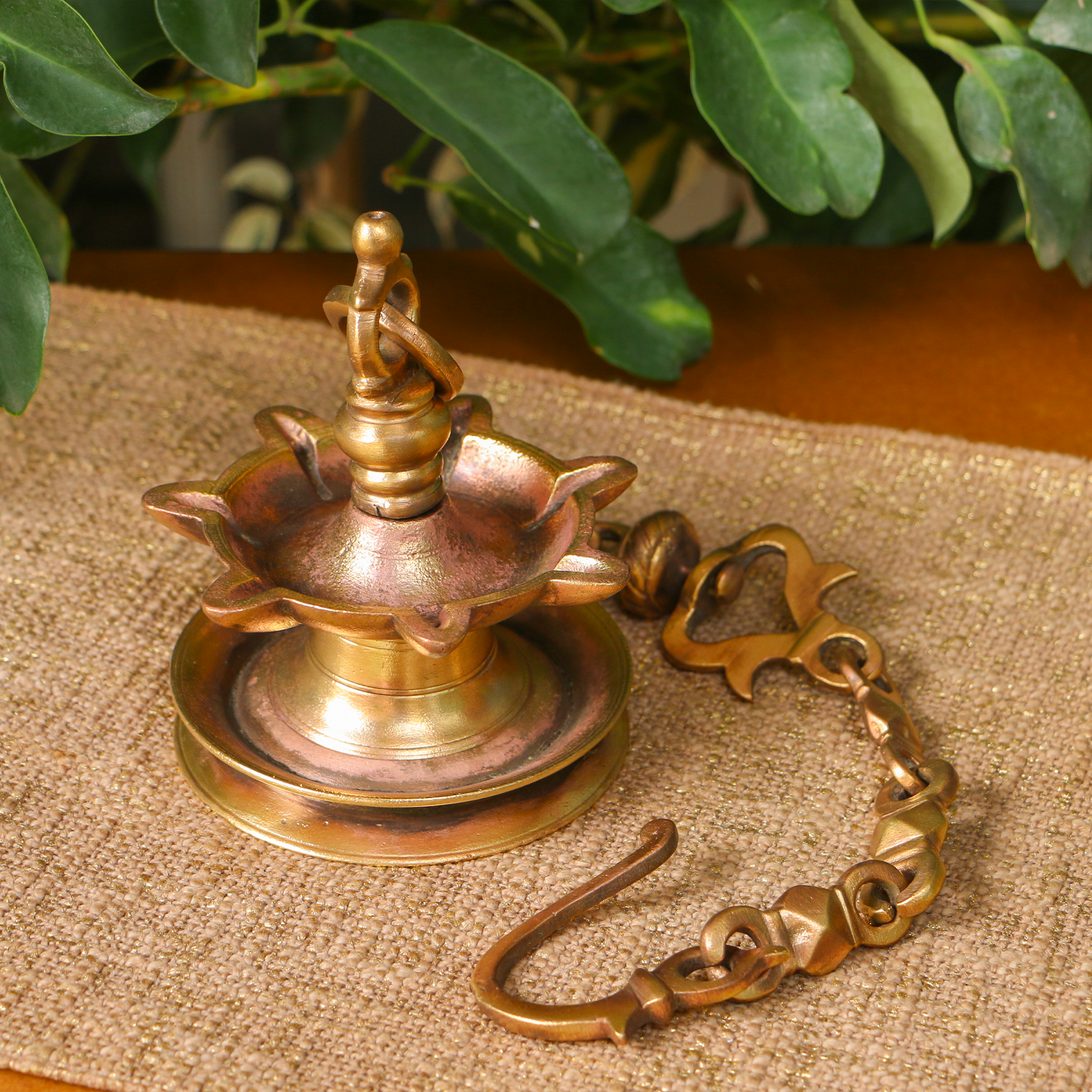 Vintage Hanging Brass Lamp with Seven Diyas and Hanging Chain (Latkan) - Heavy Base