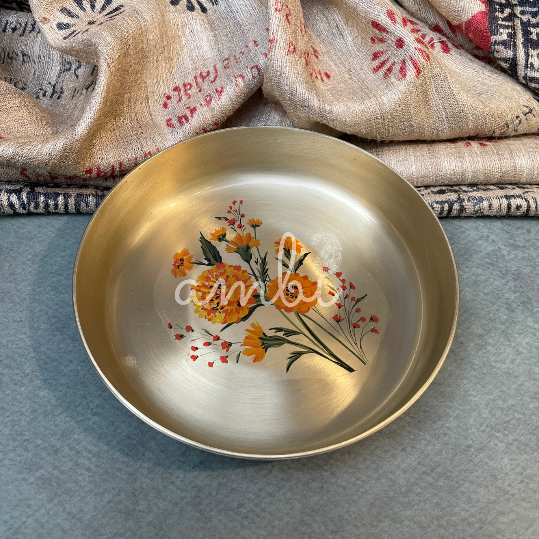 AMBI 100% Pure Lead Free Kansa Marigold Hand Painted Finish Small Plate | Dessert Plate | Puja Plate - 6 Inch